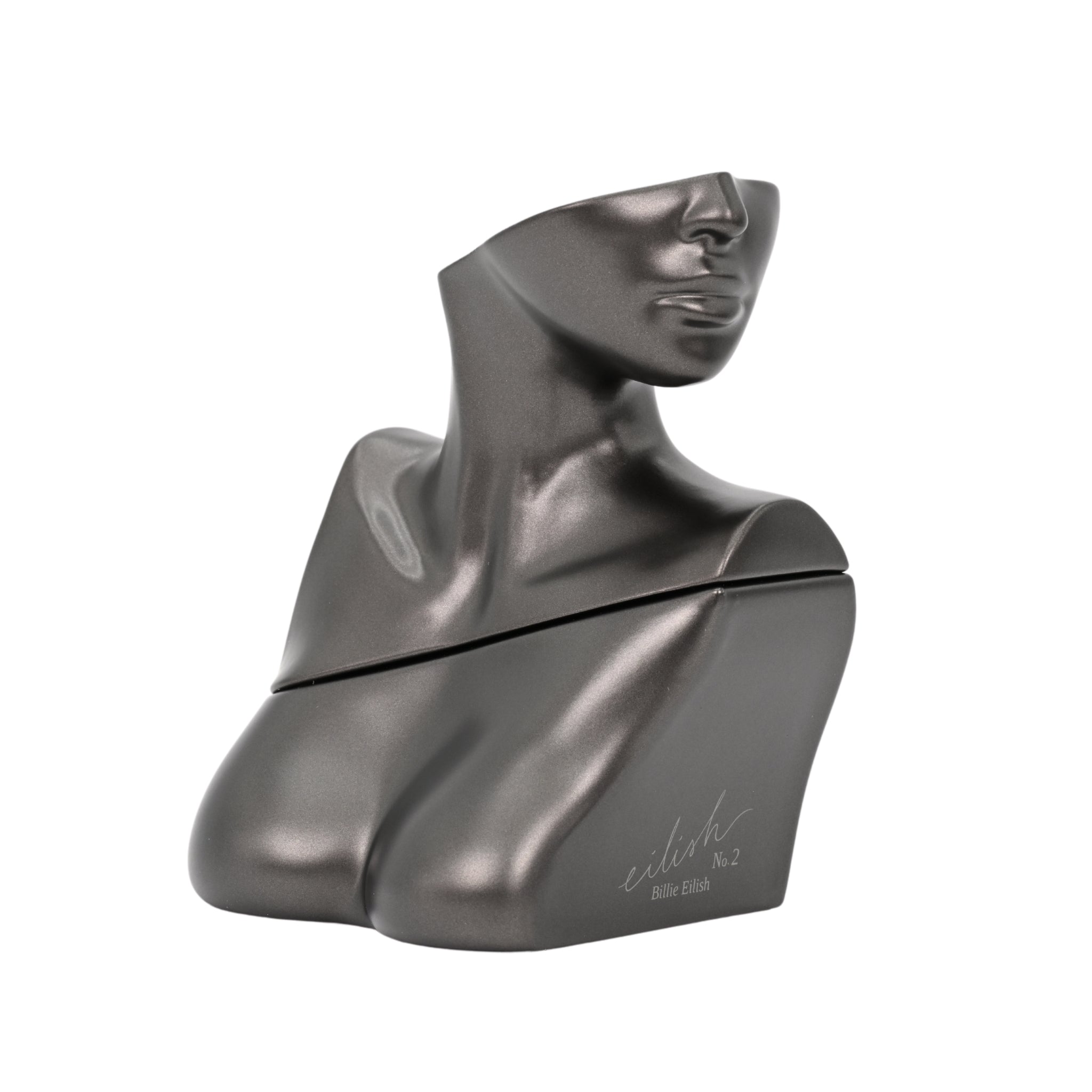 Metallic bust sculpture on a white background