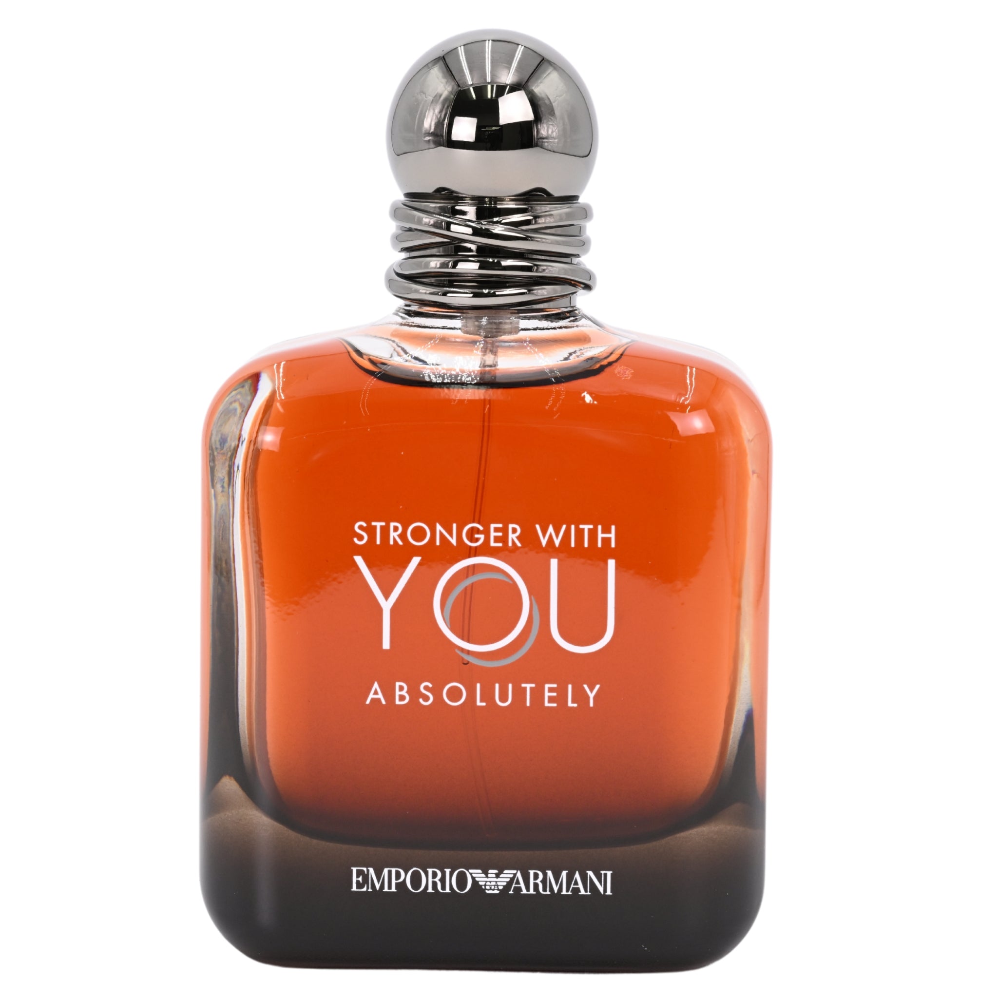 Perfume bottle with 'Stronger with You Absolutely' text and Emporio Armani logo on a white background