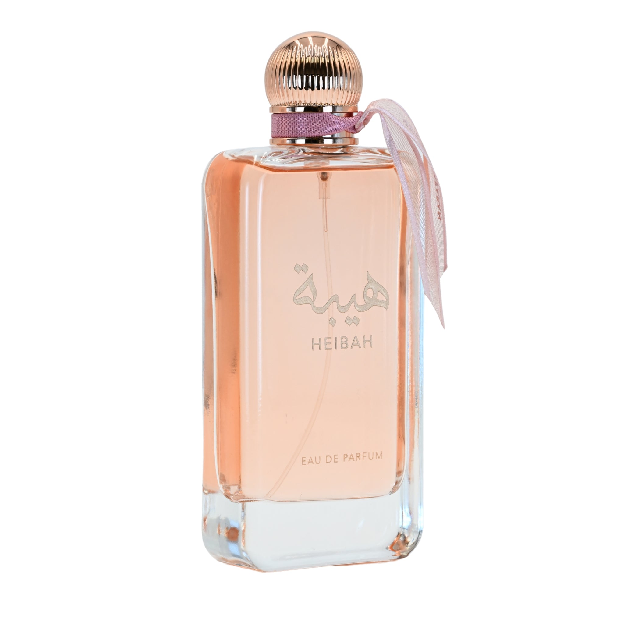 Perfume bottle with pink cap and ribbon on a white background