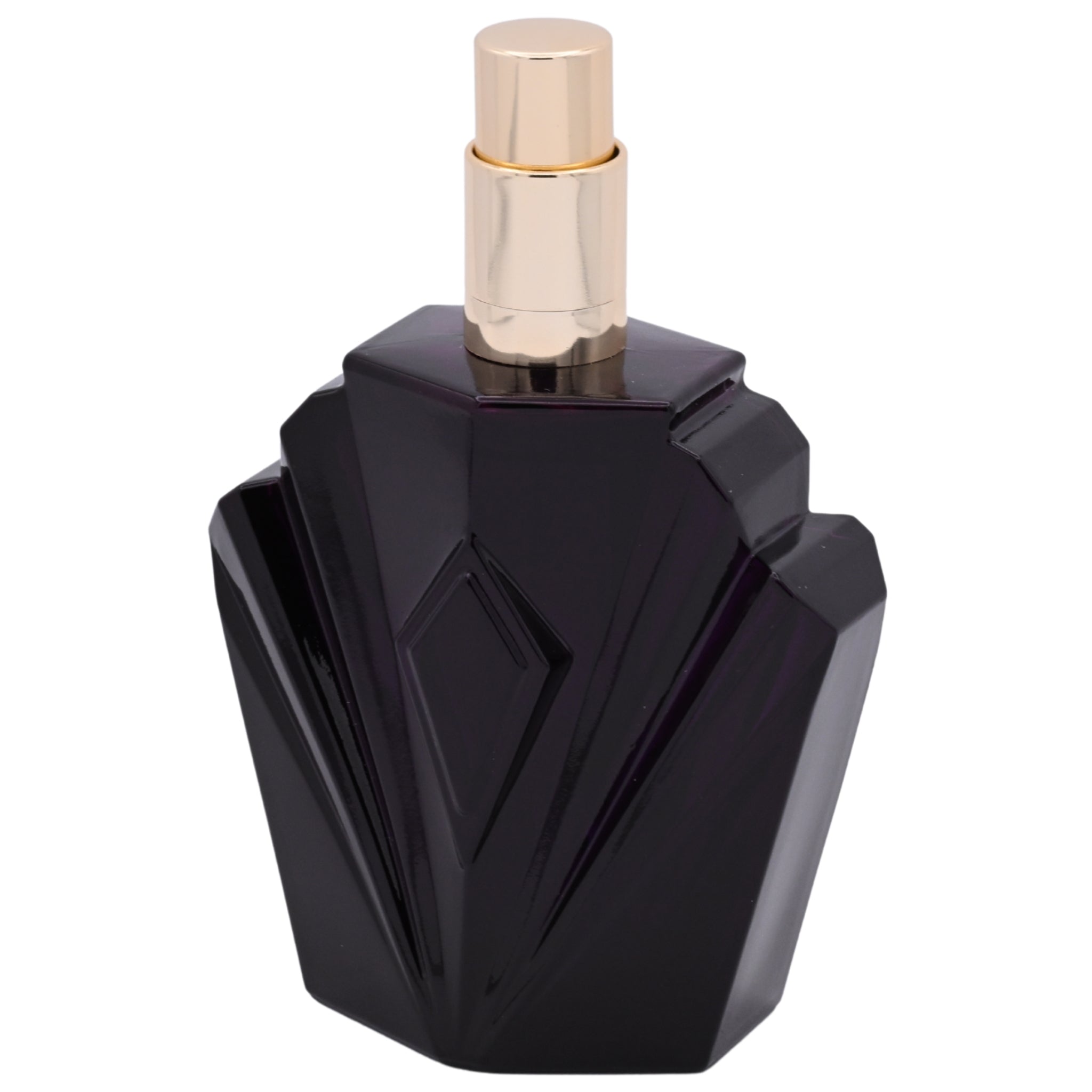 Black perfume bottle with gold cap on a white background