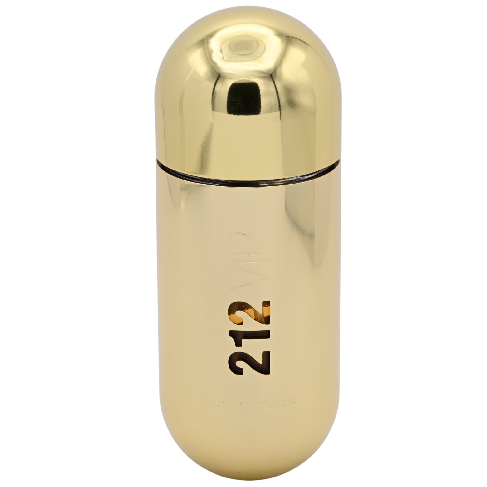 Gold perfume bottle with '212' branding on a white background