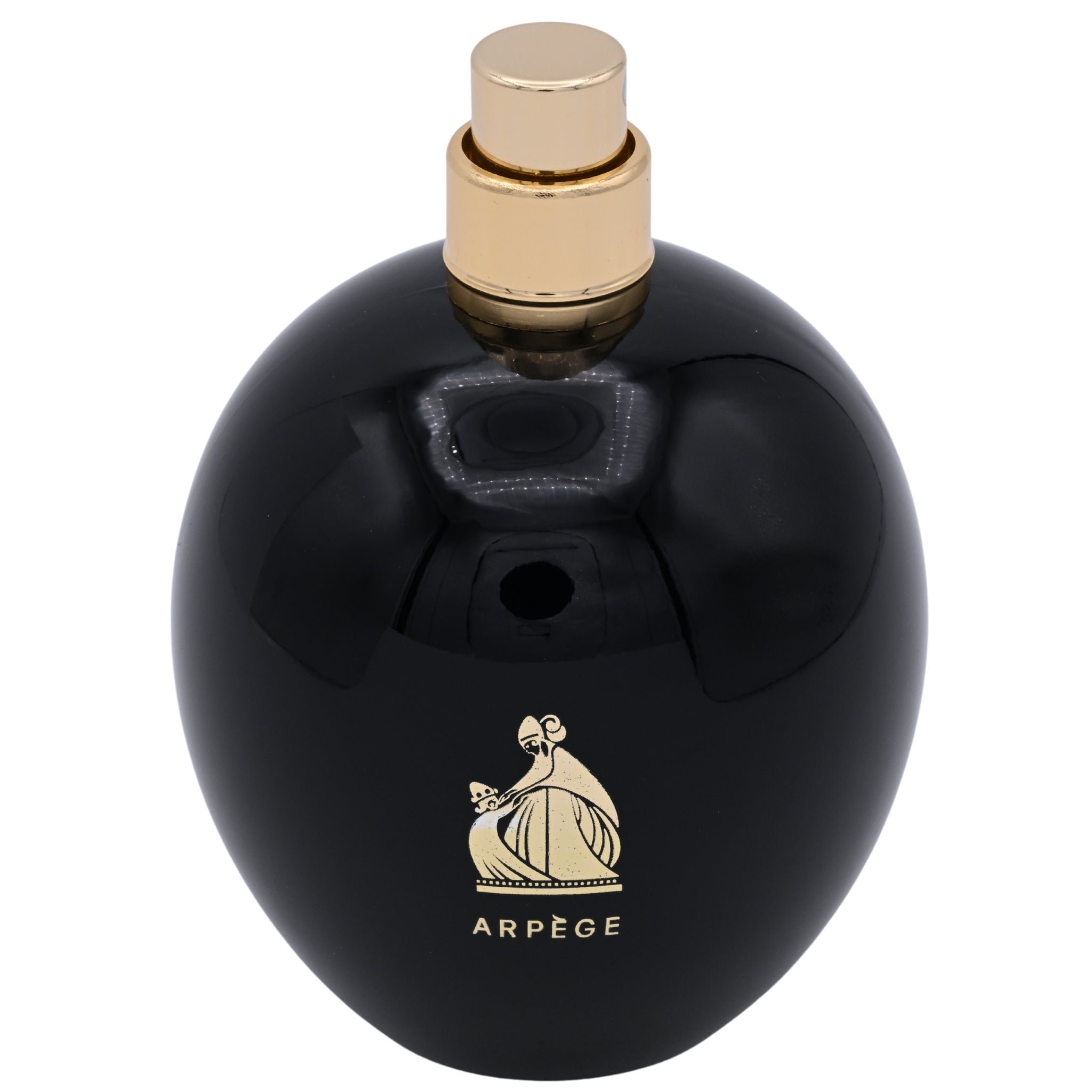Black perfume bottle with gold cap and Arpege logo on a white background