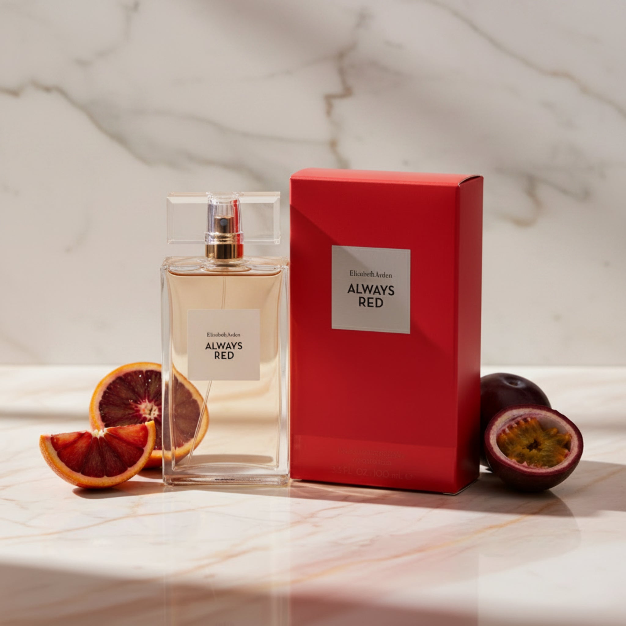 Elizabeth Arden Always Red perfume bottle and packaging on a white background