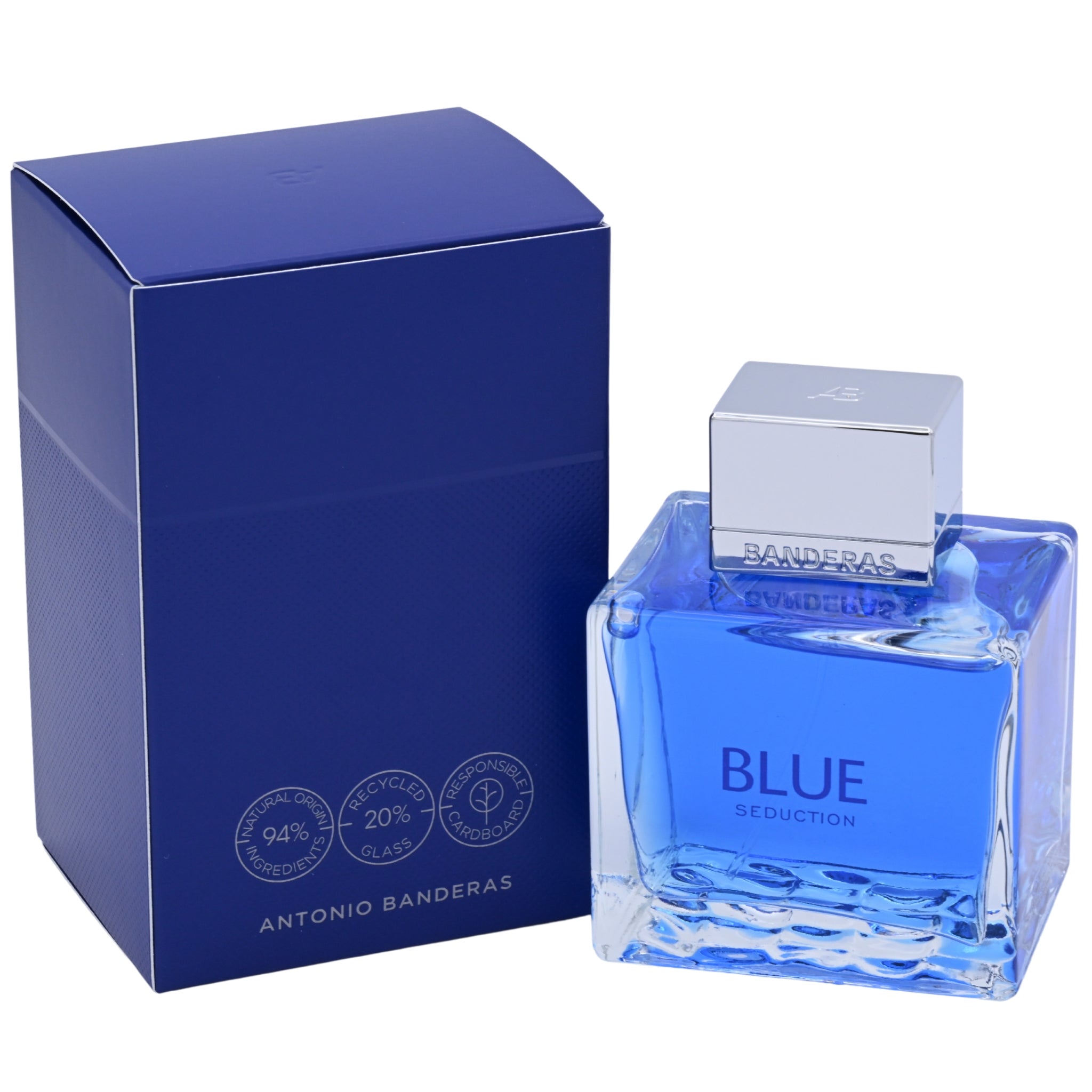 Blue perfume bottle with packaging on a white background