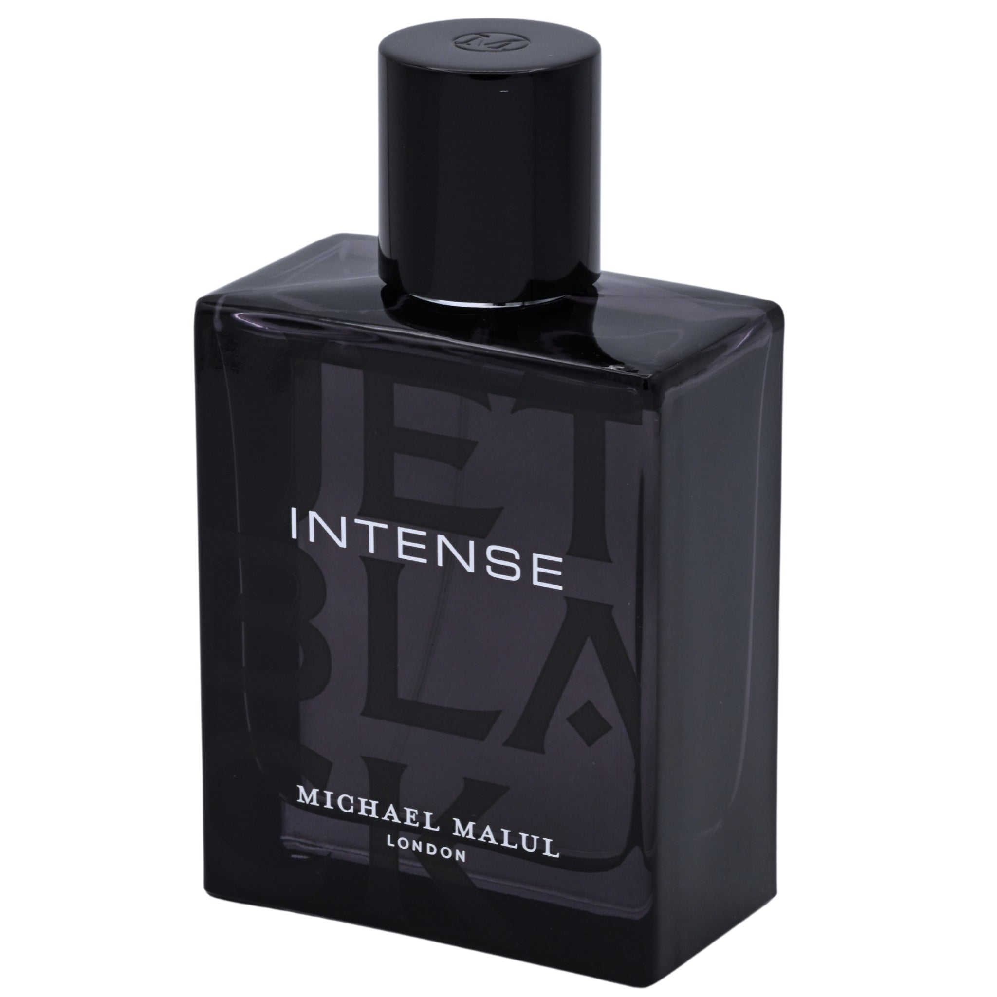 Black perfume bottle labeled 'Intense' by Michael Malul on a white background