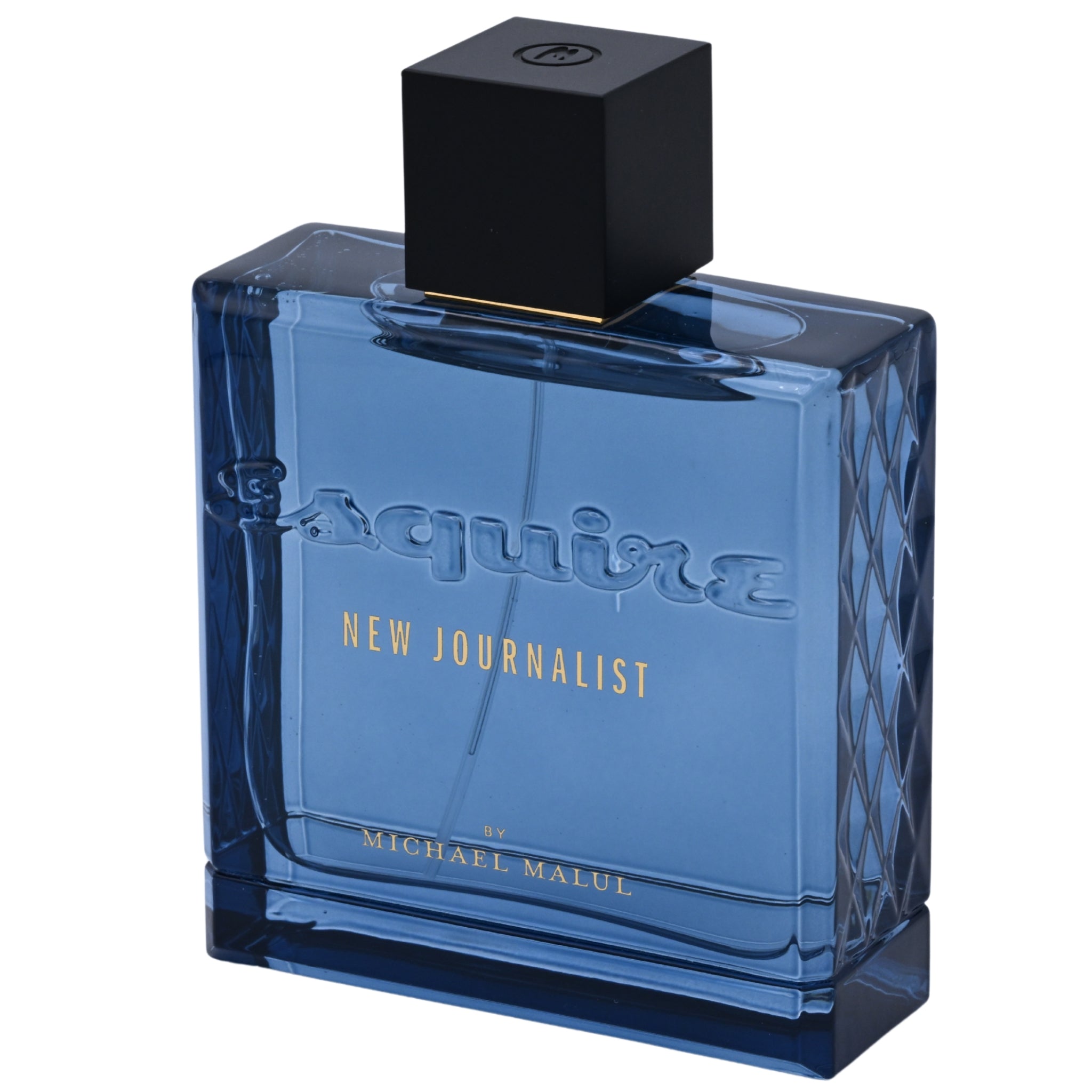 Blue perfume bottle with black cap on a white background