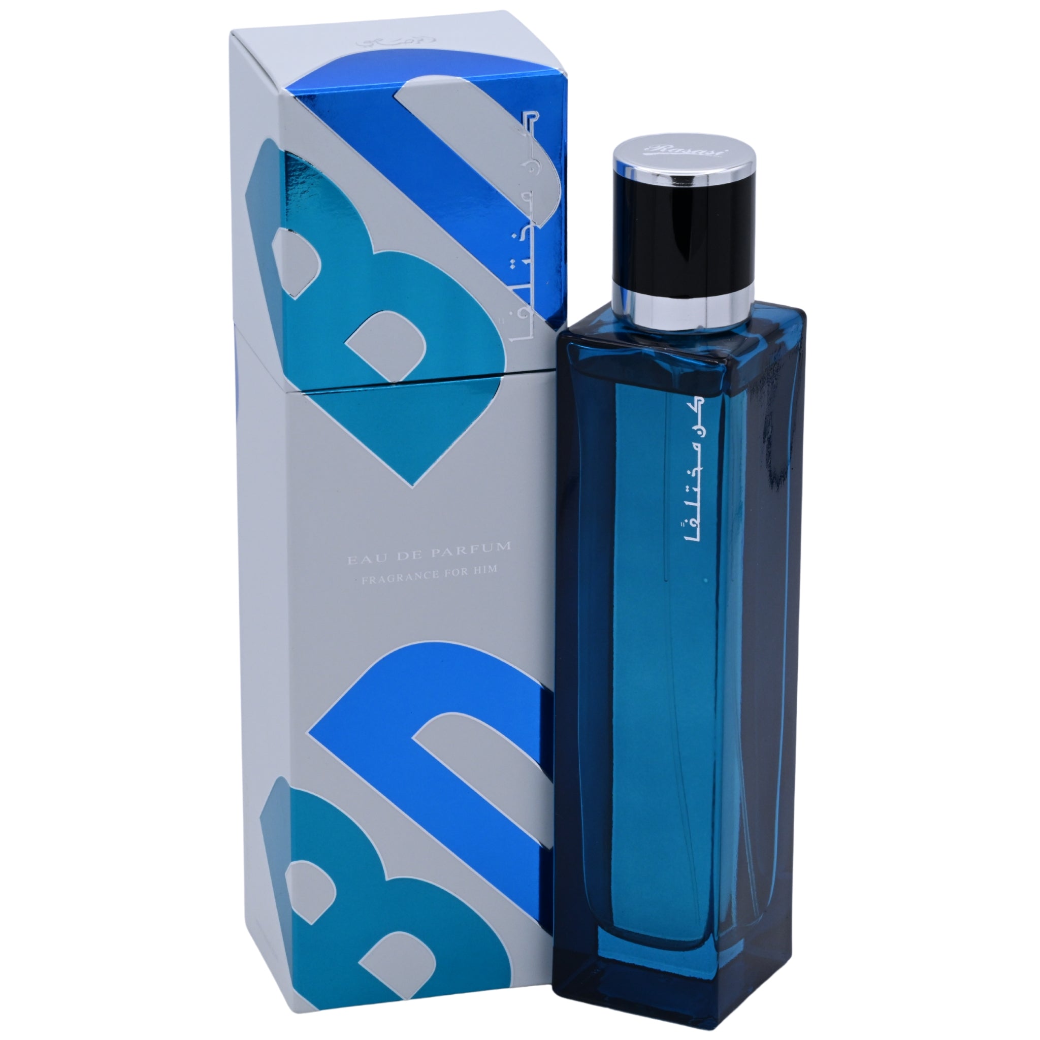 Blue perfume bottle with packaging on a white background