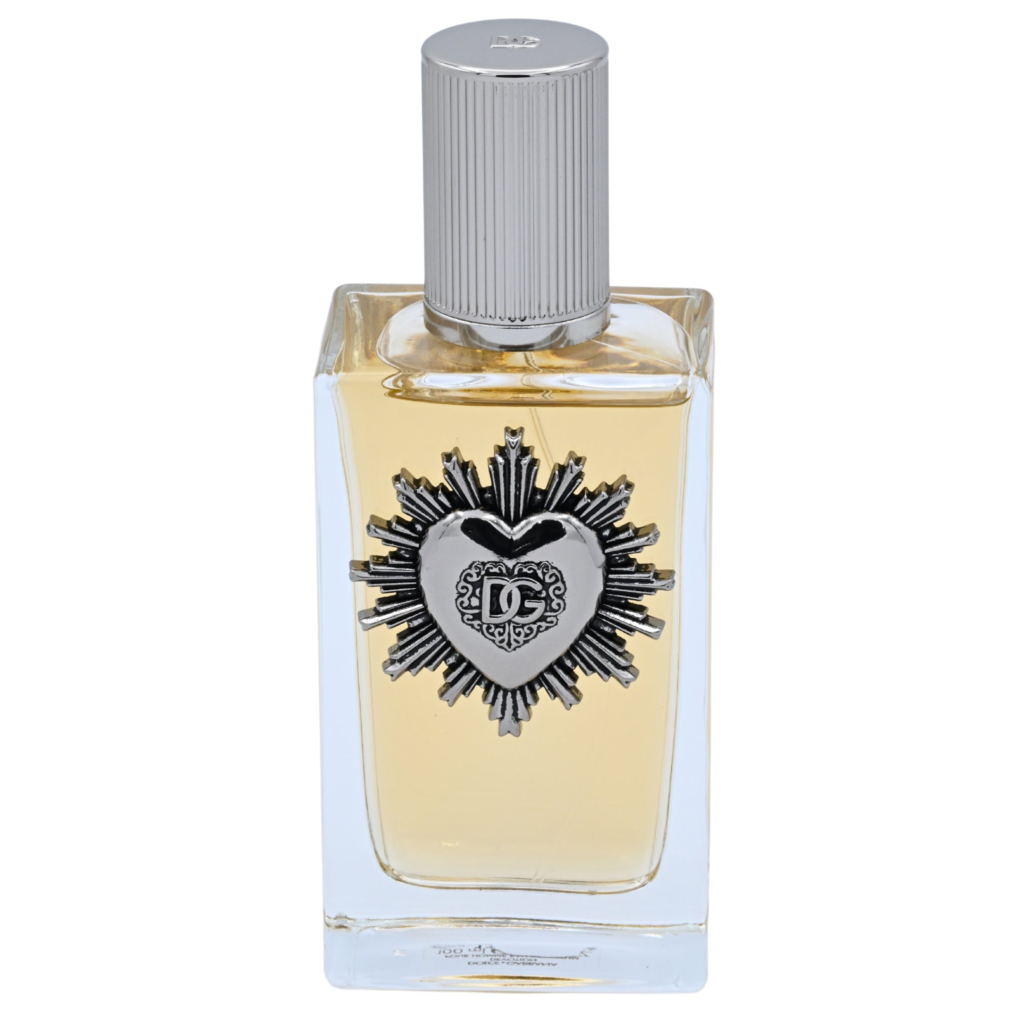 Perfume bottle with decorative cap on a white background