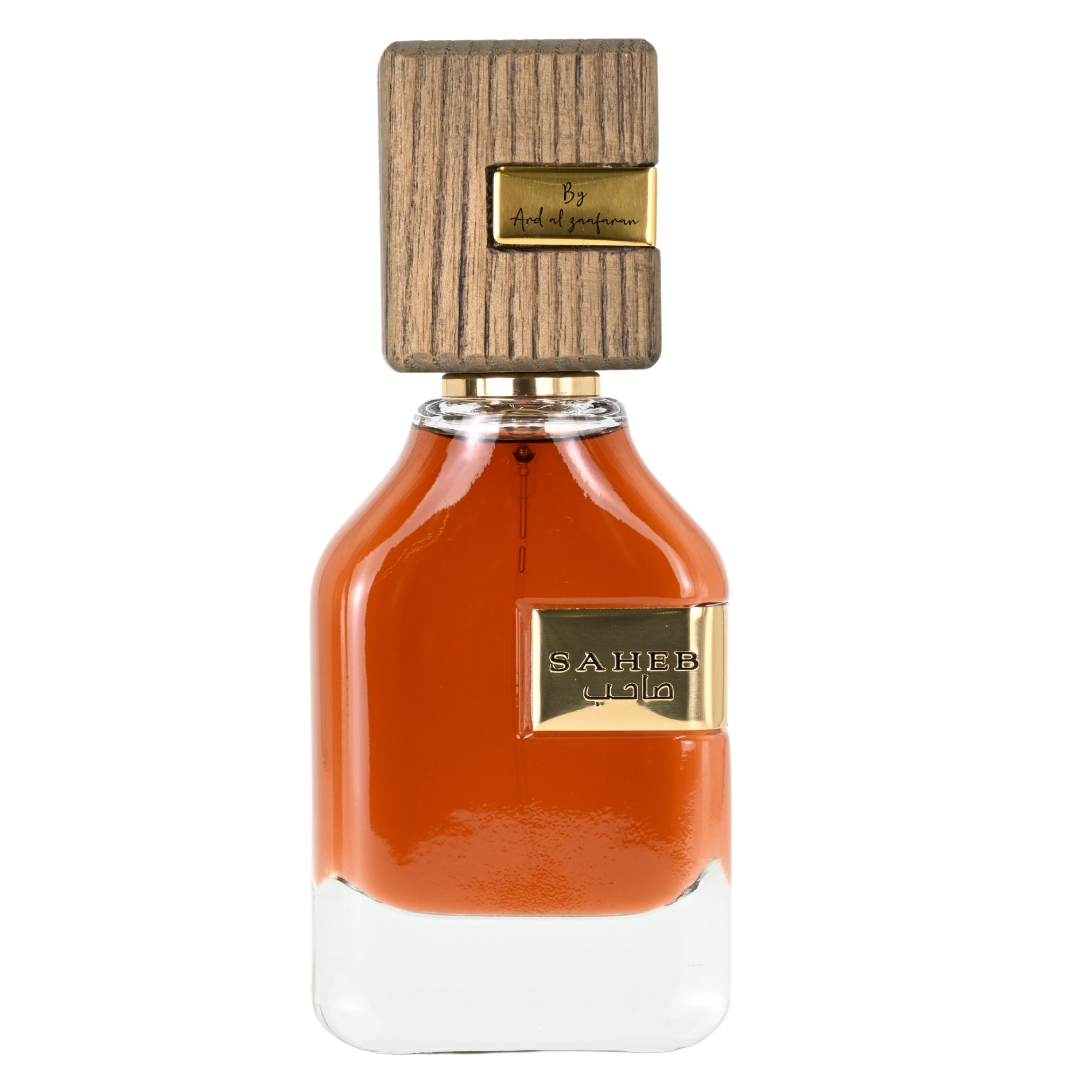Perfume bottle with wooden cap and gold accents on a white background