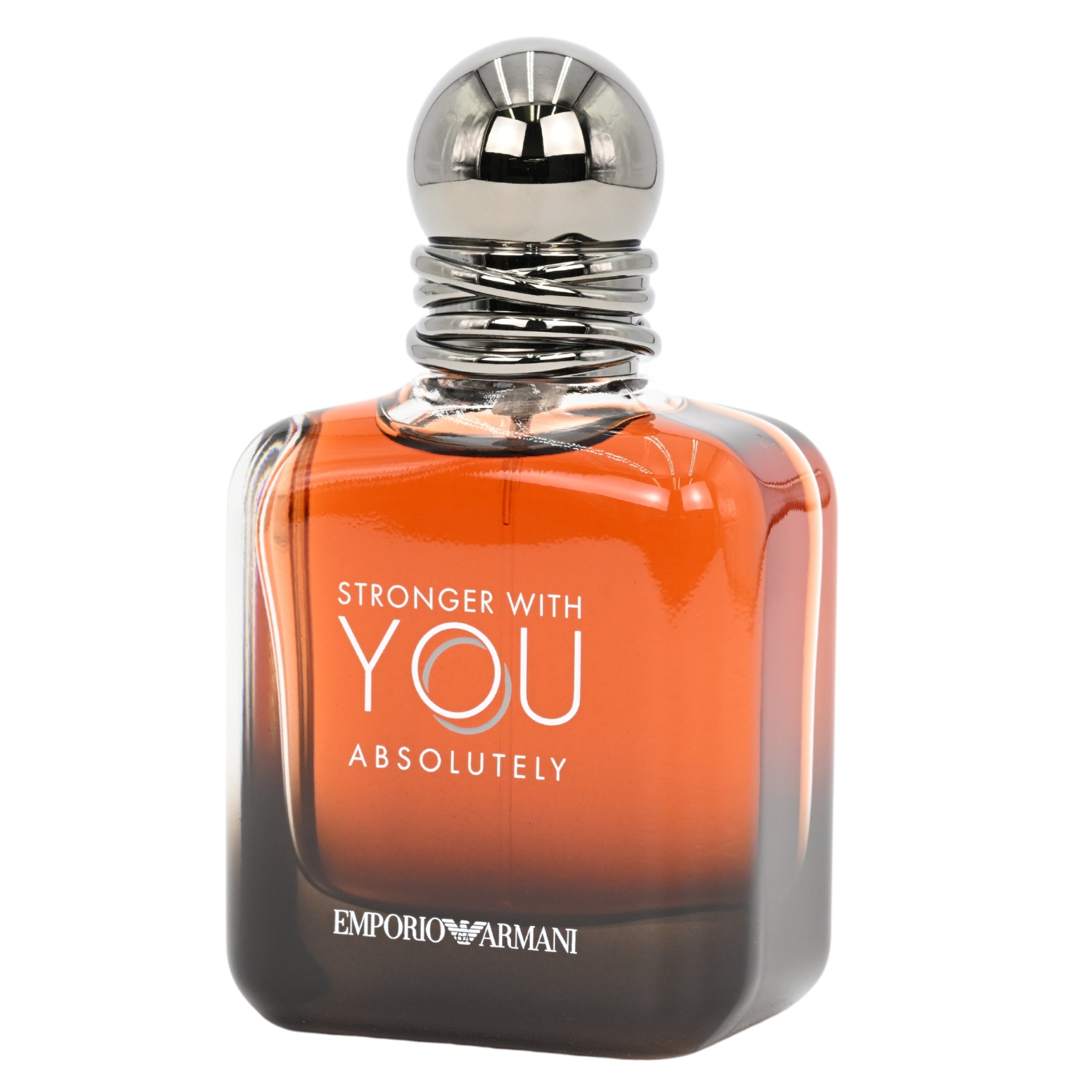 Perfume bottle with orange and brown gradient design on a white background