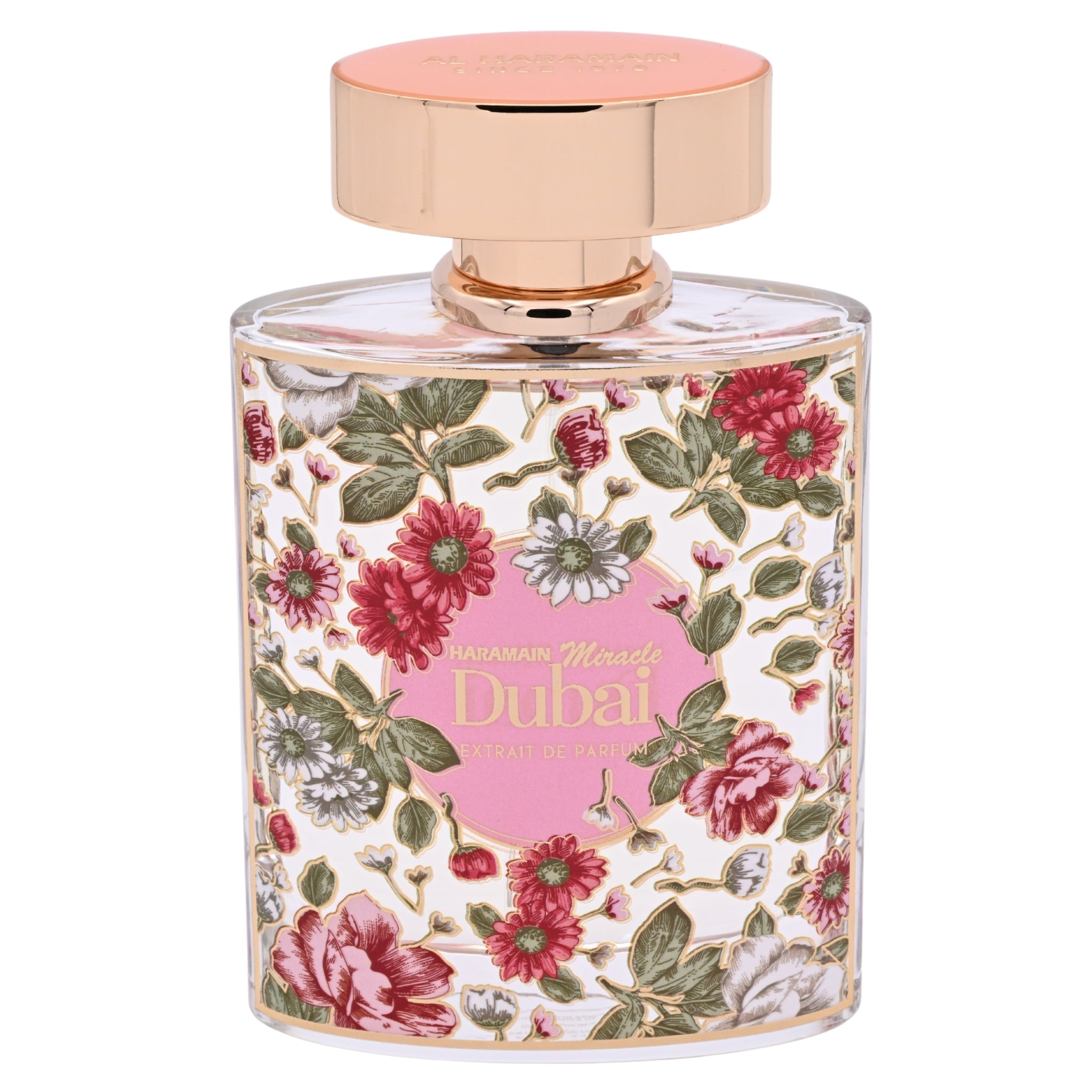 Perfume bottle with floral design and 'Dubai' branding on a white background