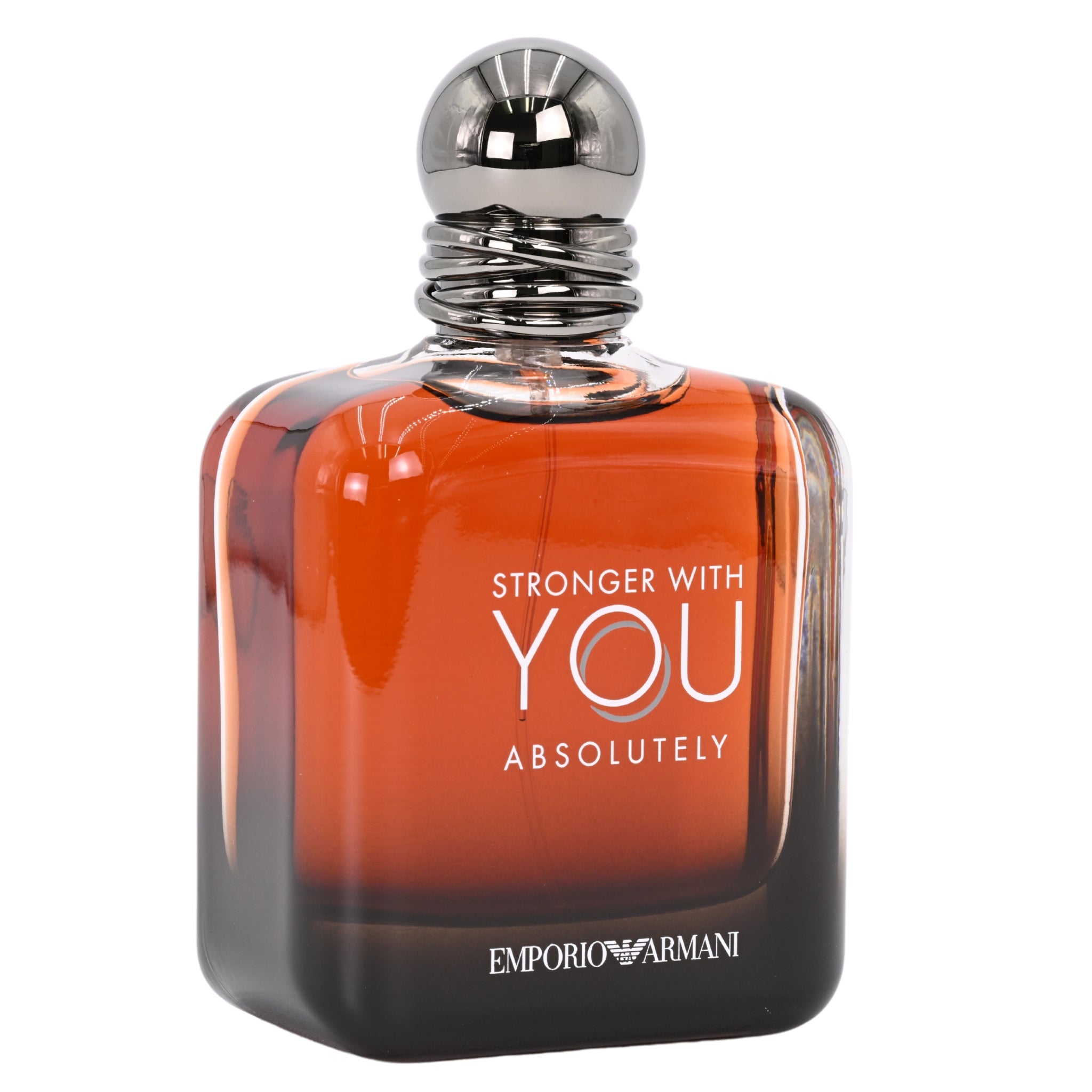 Perfume bottle with 'Stronger with You Absolutely' text and Emporio Armani logo on a white background