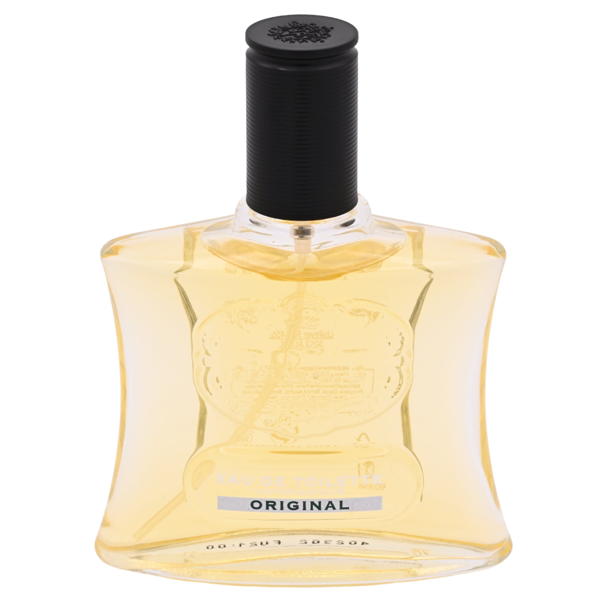 Perfume bottle with a black cap on a white background