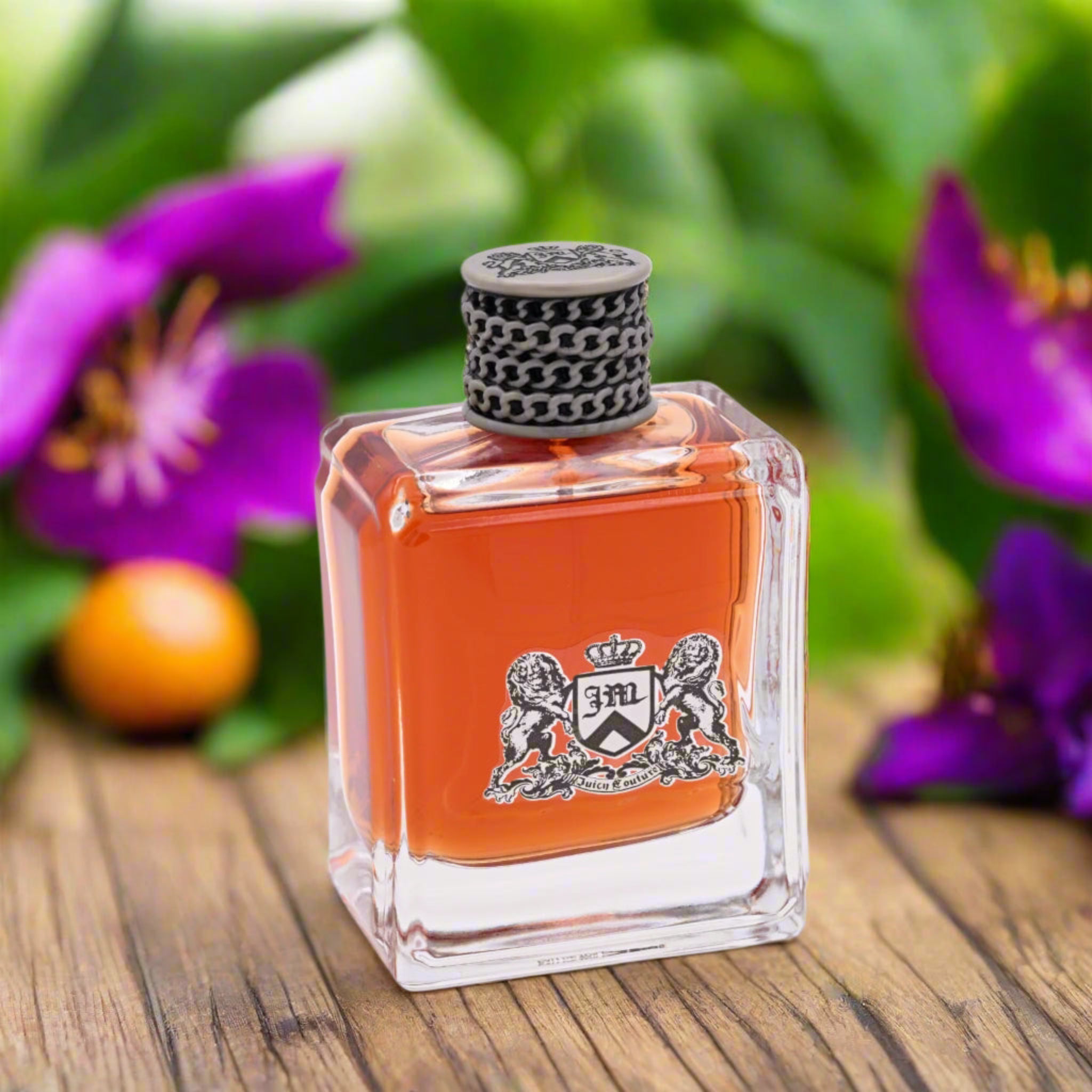 Perfume bottle with floral background