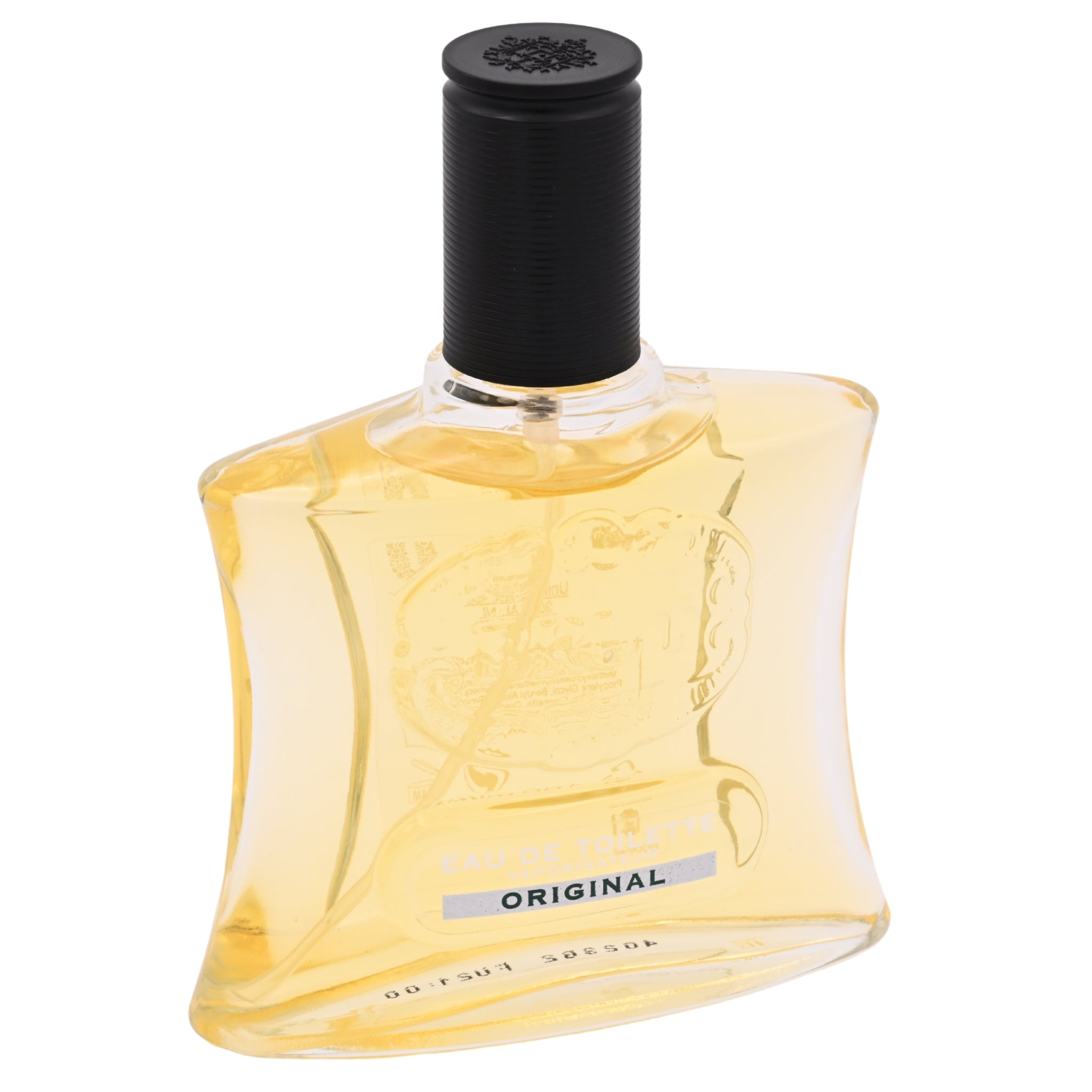 Perfume bottle with a black cap on a white background