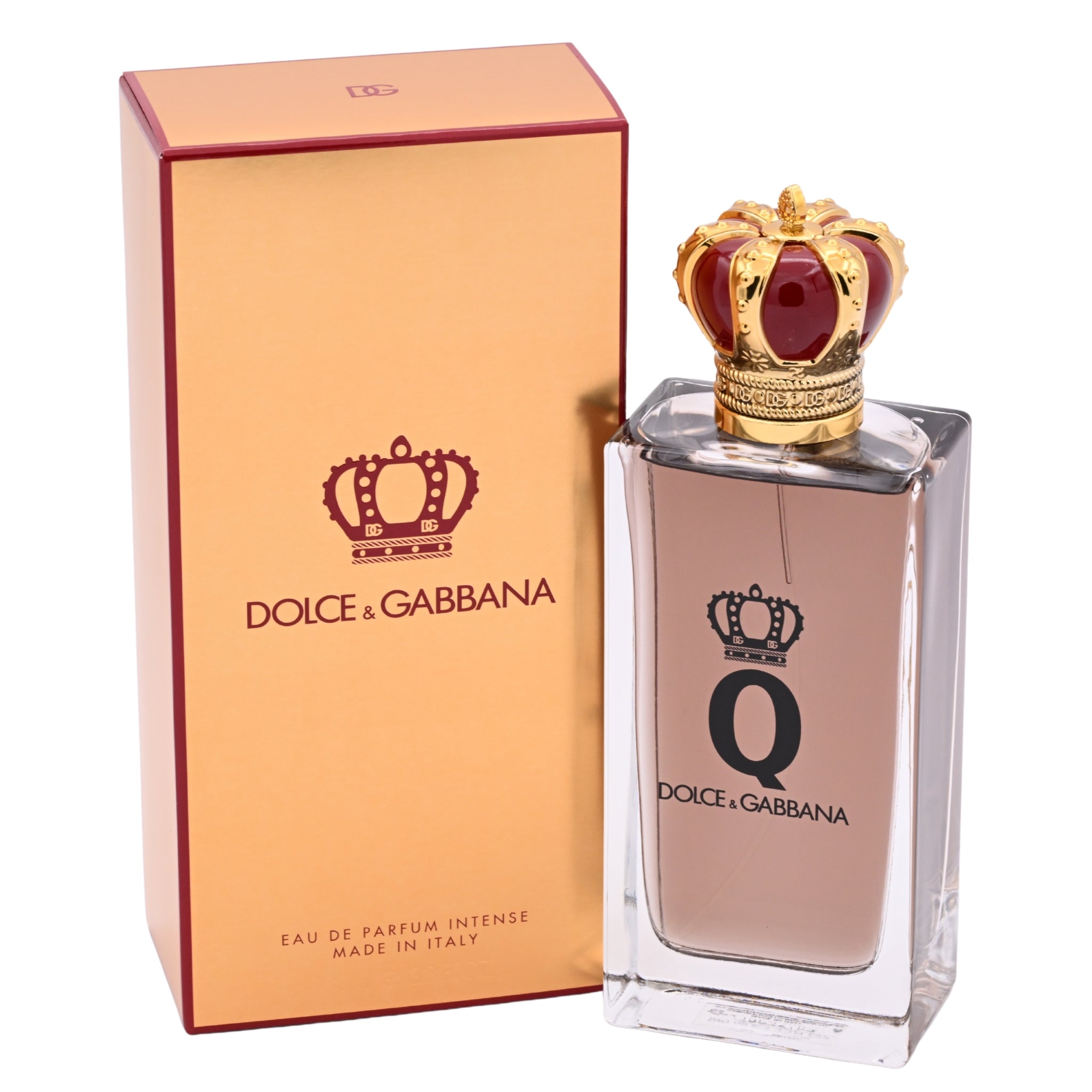 Dolce & Gabbana perfume bottle with gold crown and matching box on a white background