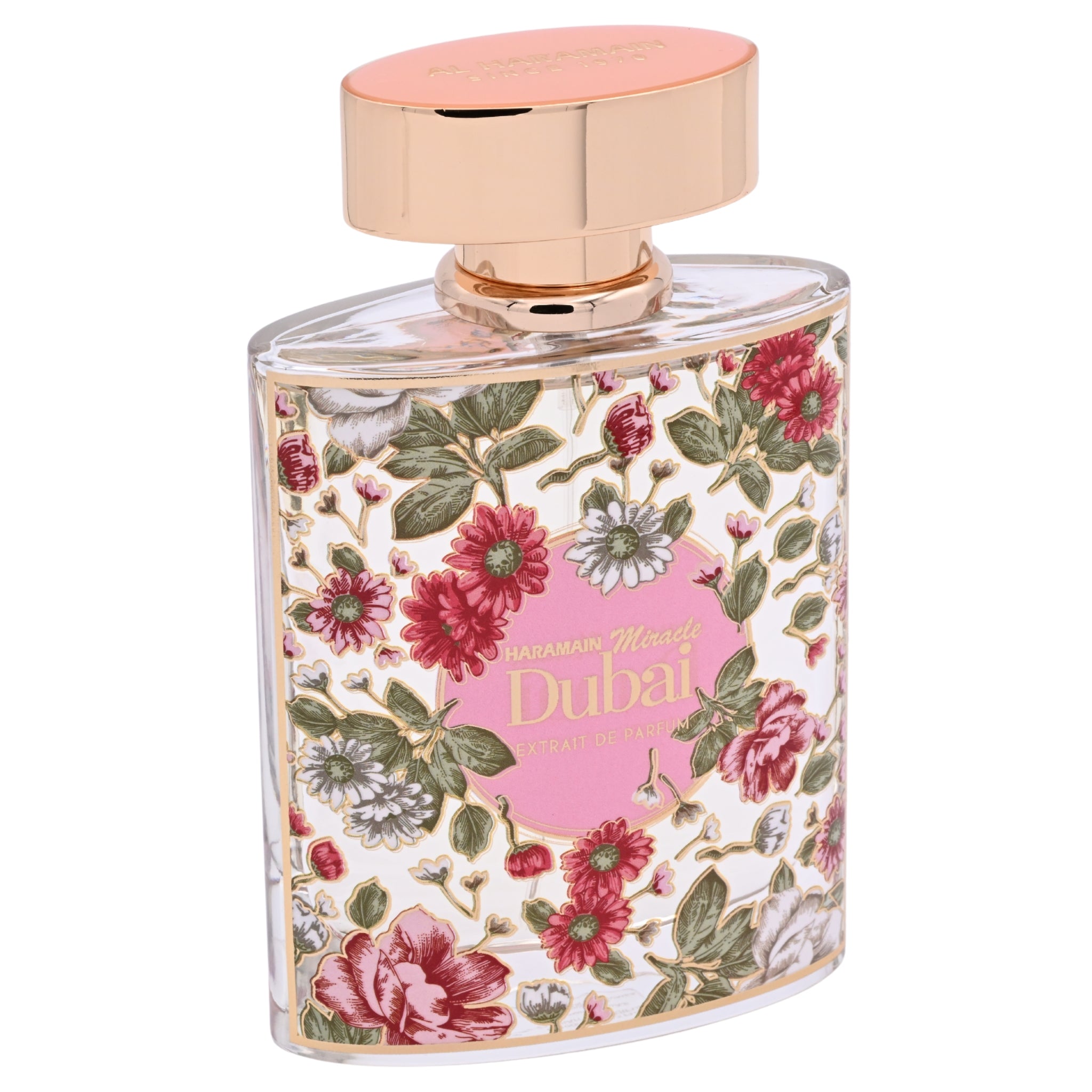 Perfume bottle with floral design and gold cap on a white background