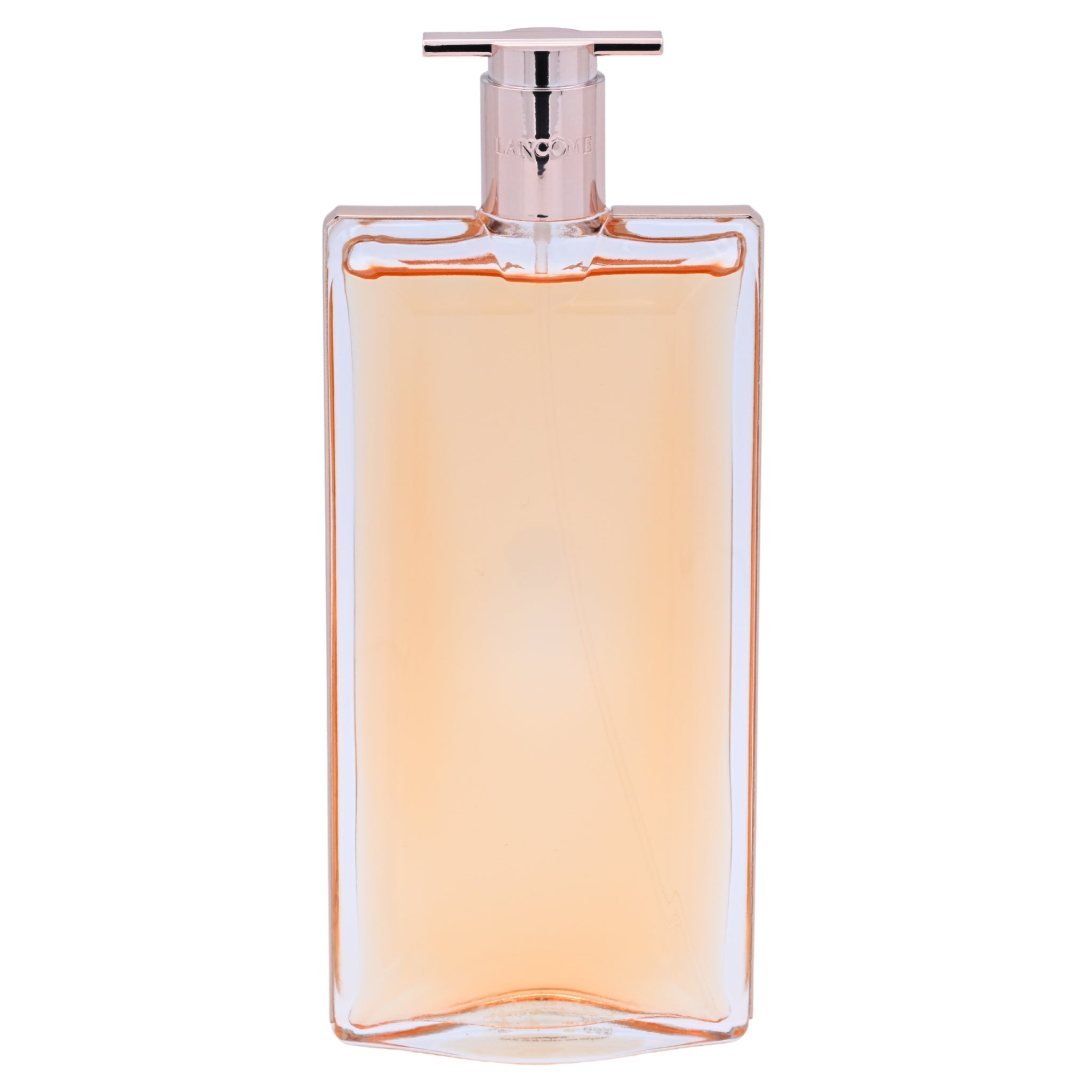 Clear perfume bottle with a silver pump on a white background