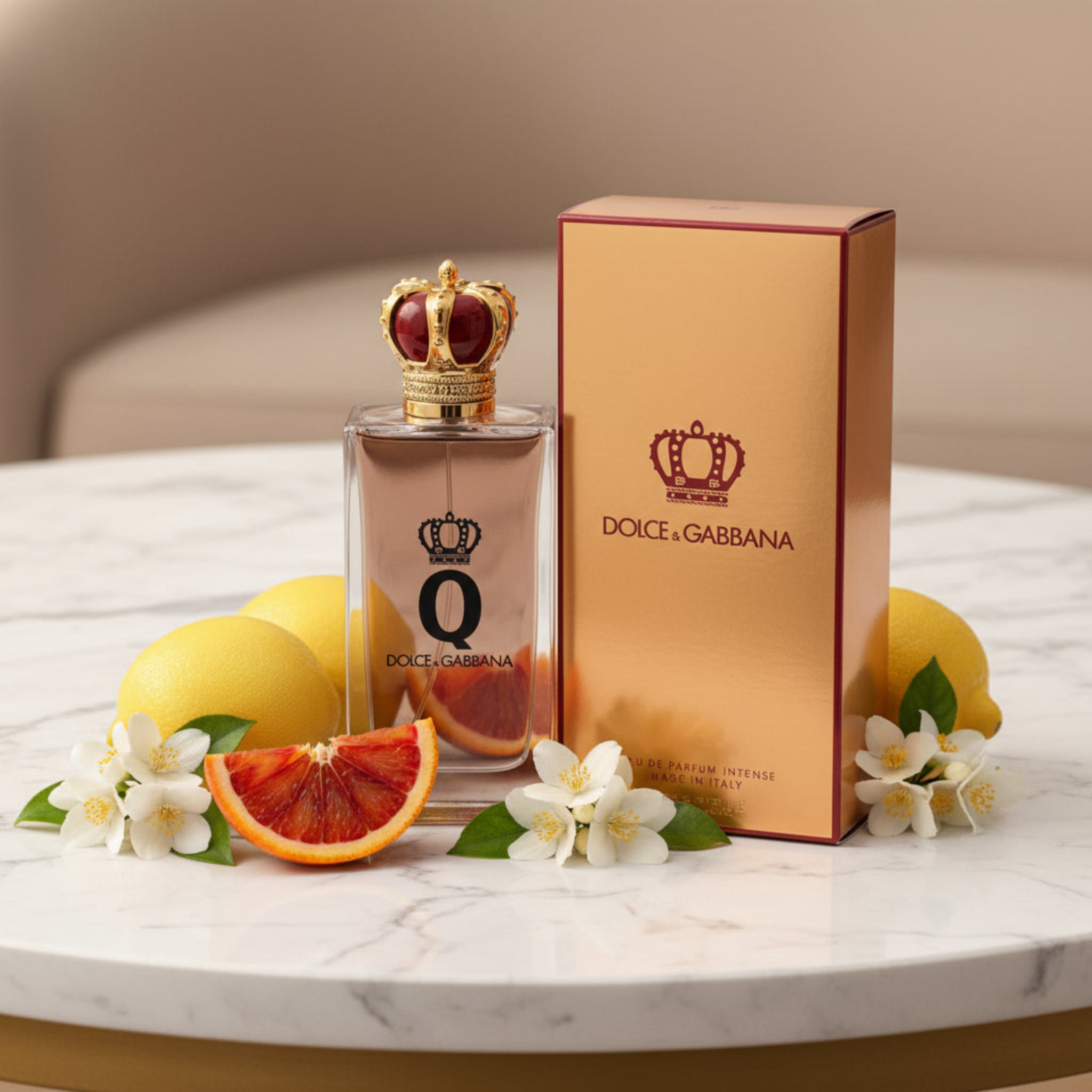 Dolce & Gabbana perfume bottle and packaging on a marble surface with fruits and flowers.