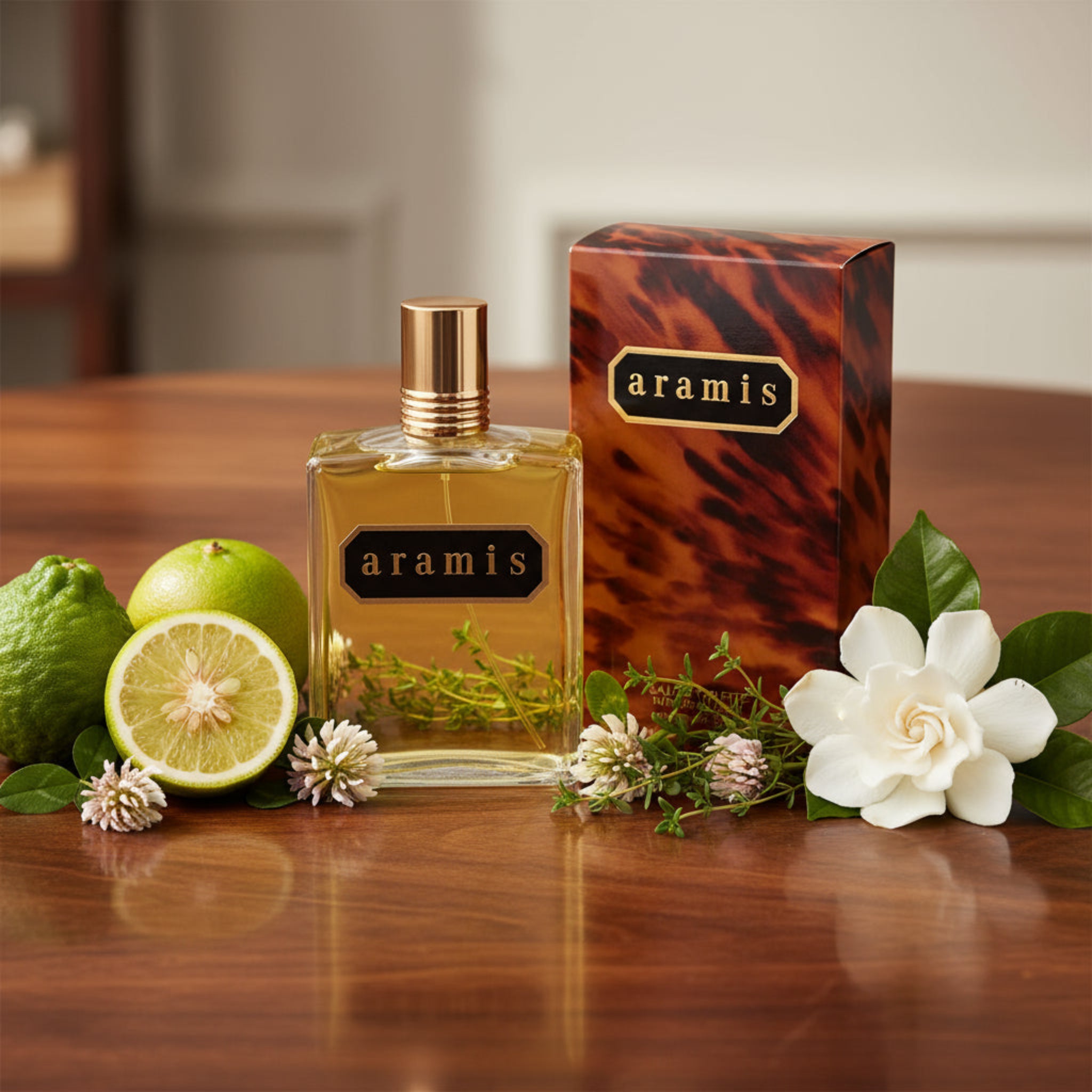 Aramis perfume bottle and packaging on a wooden surface with fruits and flowers.