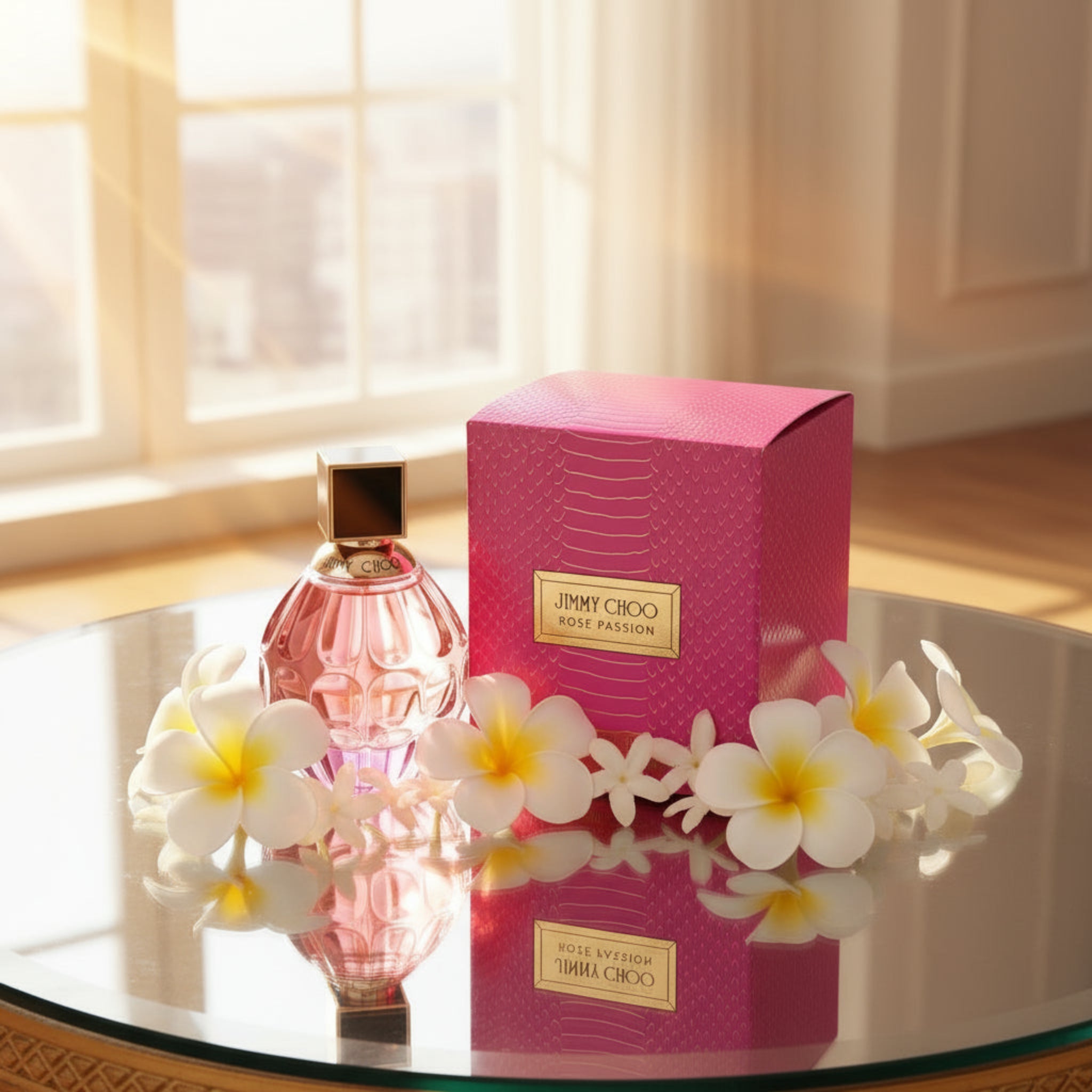 Pink perfume bottle and box with flowers on a reflective surface