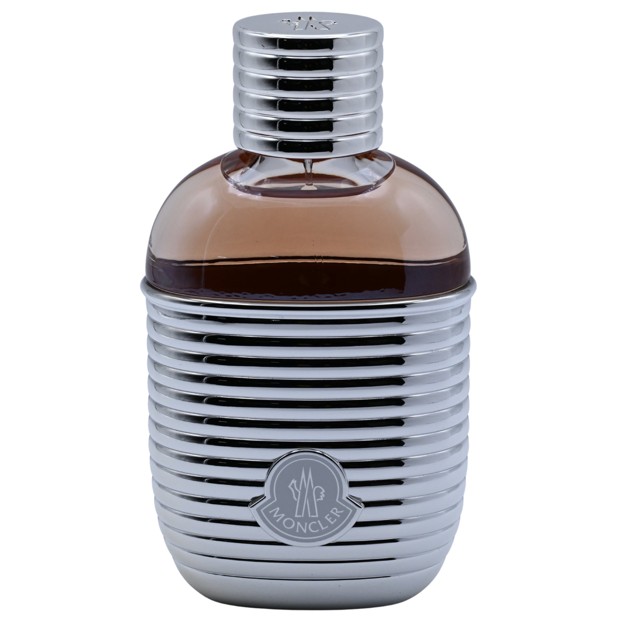 Perfume bottle with a ribbed design and silver cap on a white background