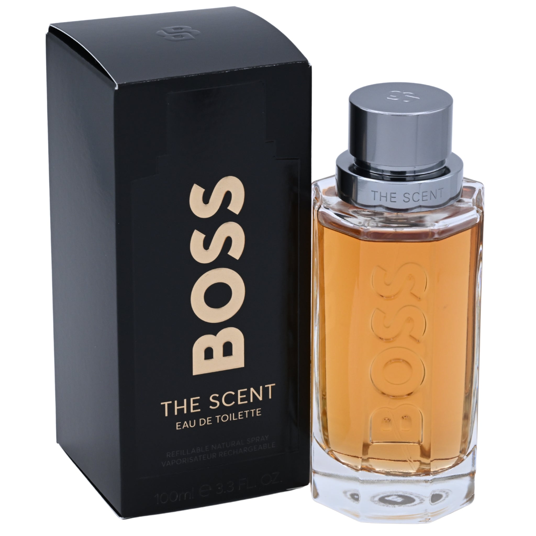 BOSS The Scent perfume bottle and packaging on a white background
