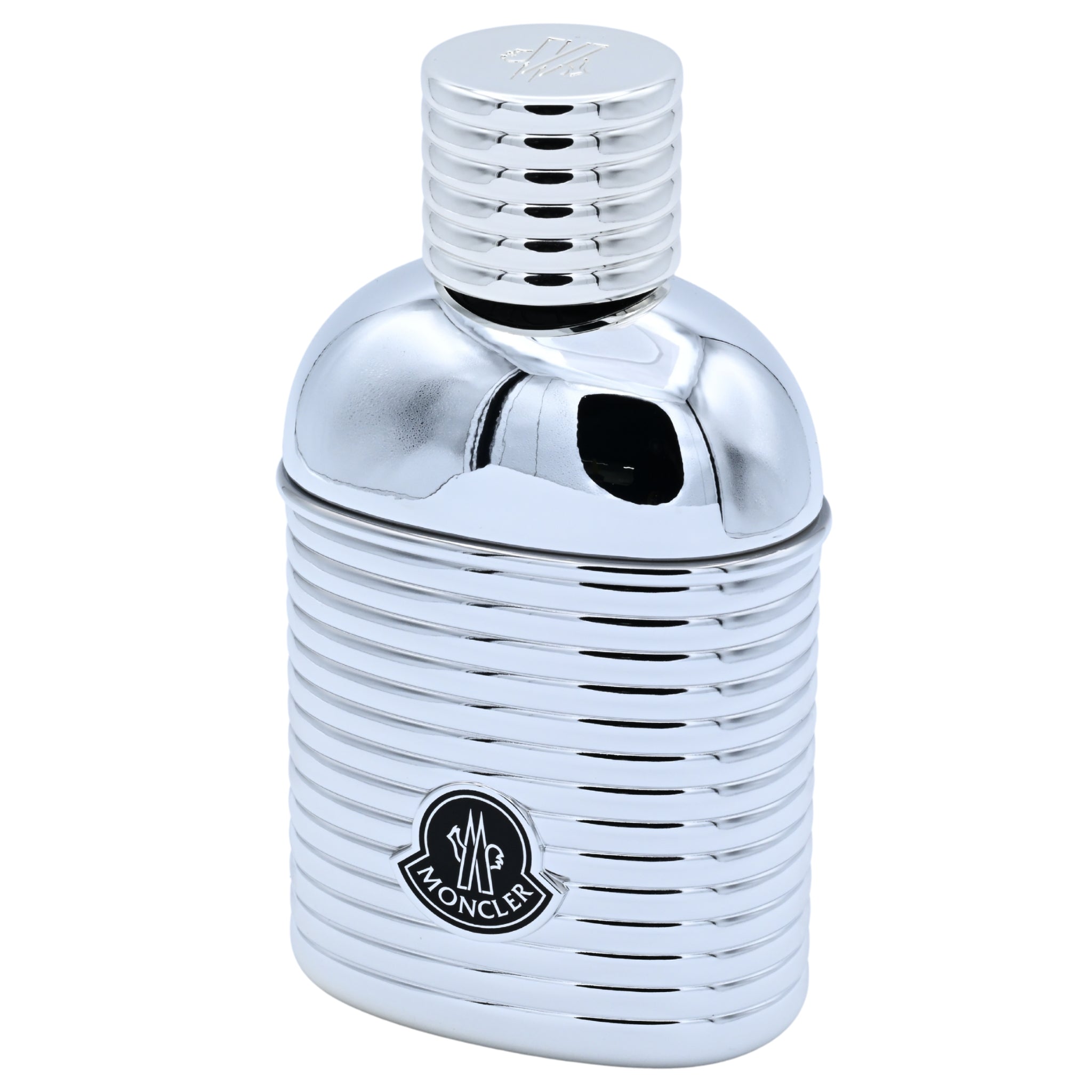 Silver Moncler perfume bottle on a white background