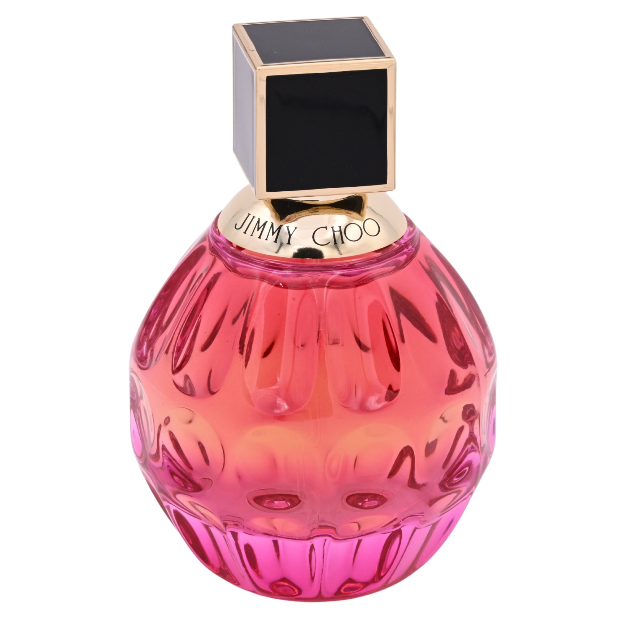 Pink perfume bottle with gold cap on a white background