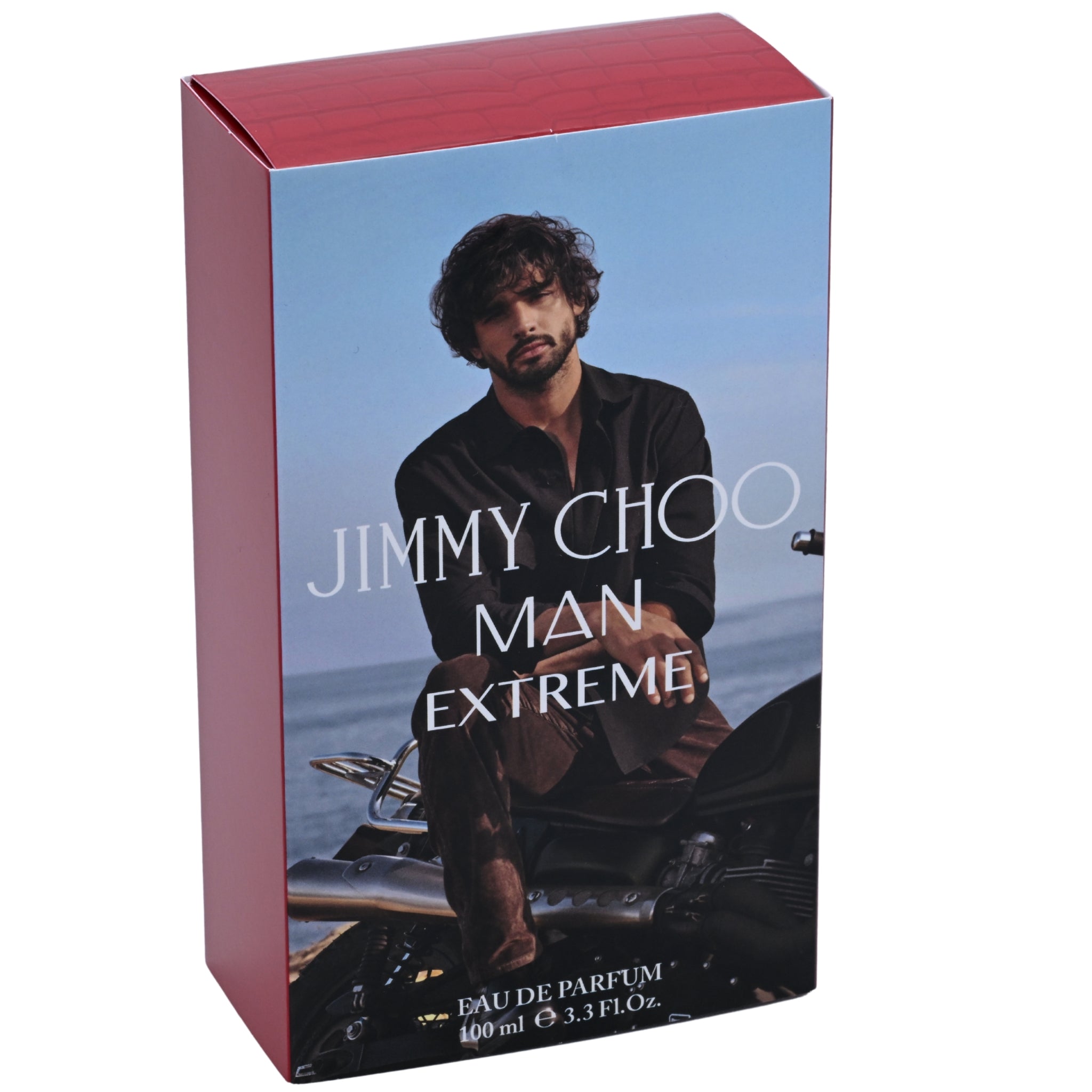 Jimmy Choo Man Extreme Eau de Parfum packaging with a man sitting on a motorcycle.