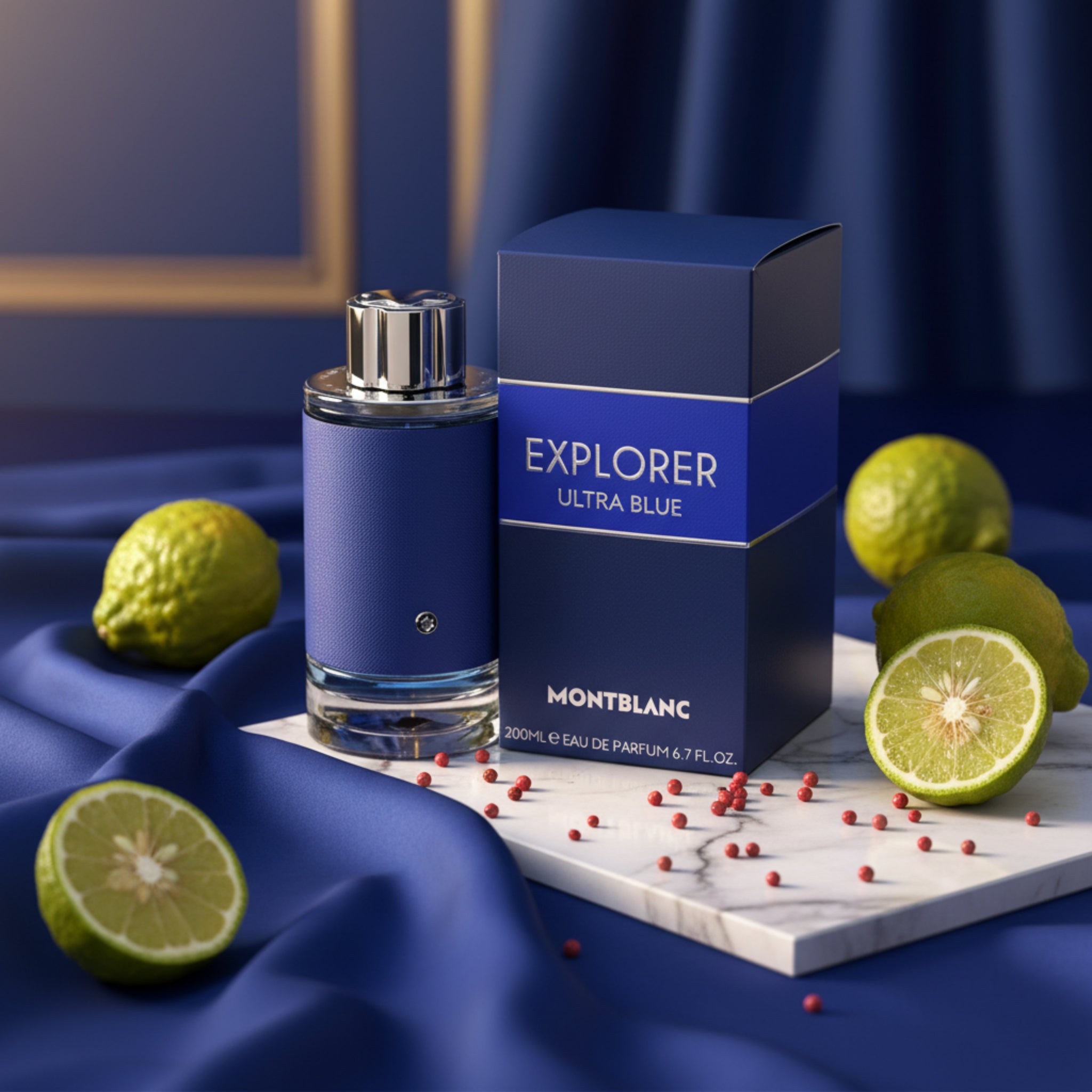 Montblanc Explorer Ultra Blue perfume bottle and packaging on a white background