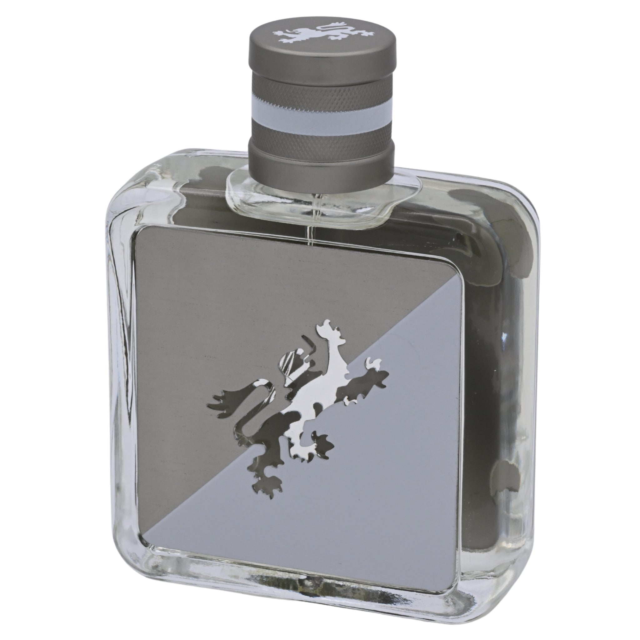 Clear bottle with gray cap and logo on a white background