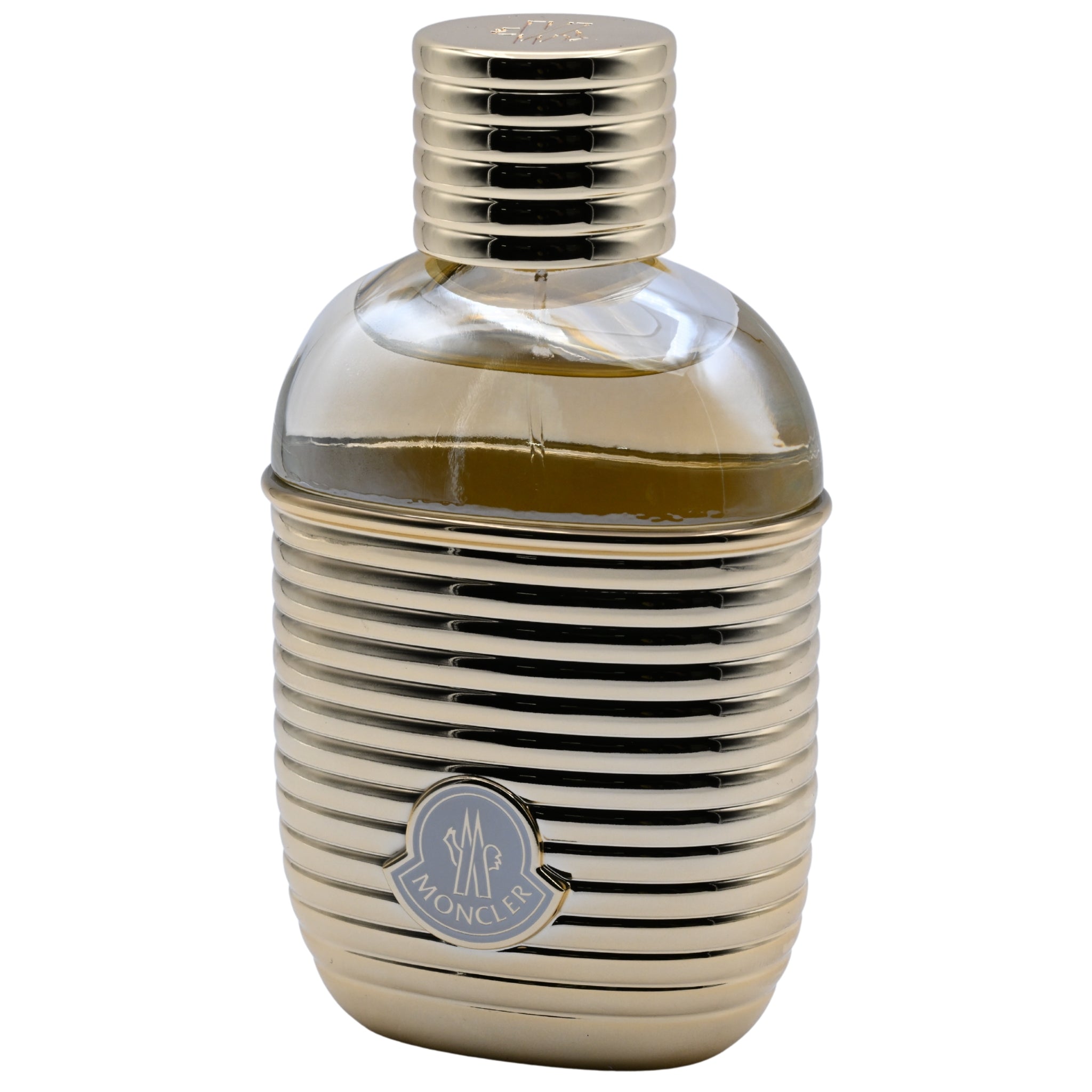 Gold and silver striped bottle with a logo on a white background