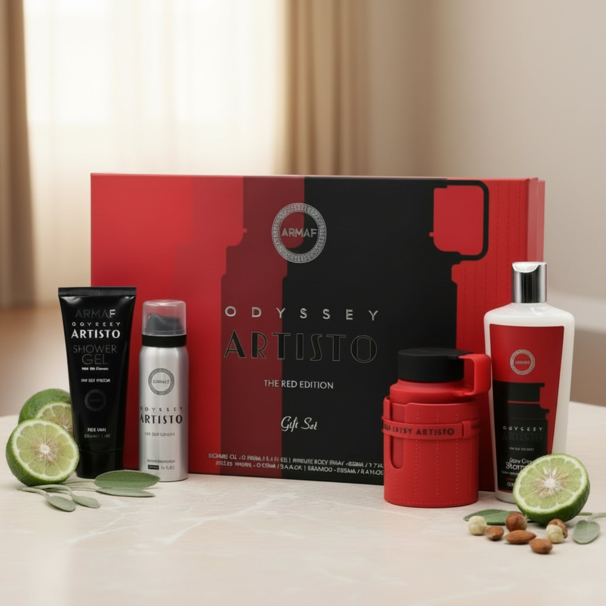 Armaf Odyssey Artisto gift set with various products in front of a red and black box.