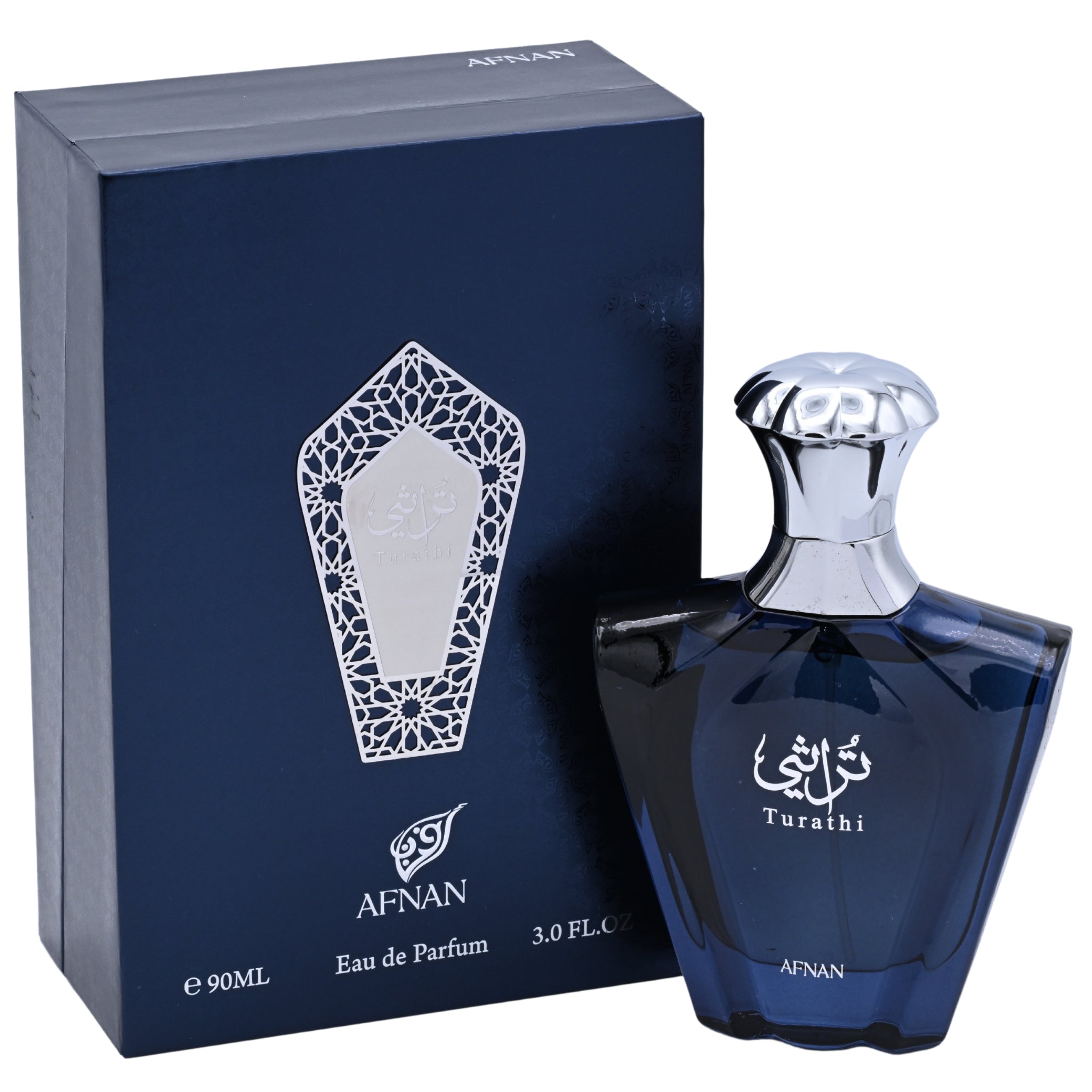 Afnan Turathi Eau de Parfum bottle and packaging on a white background