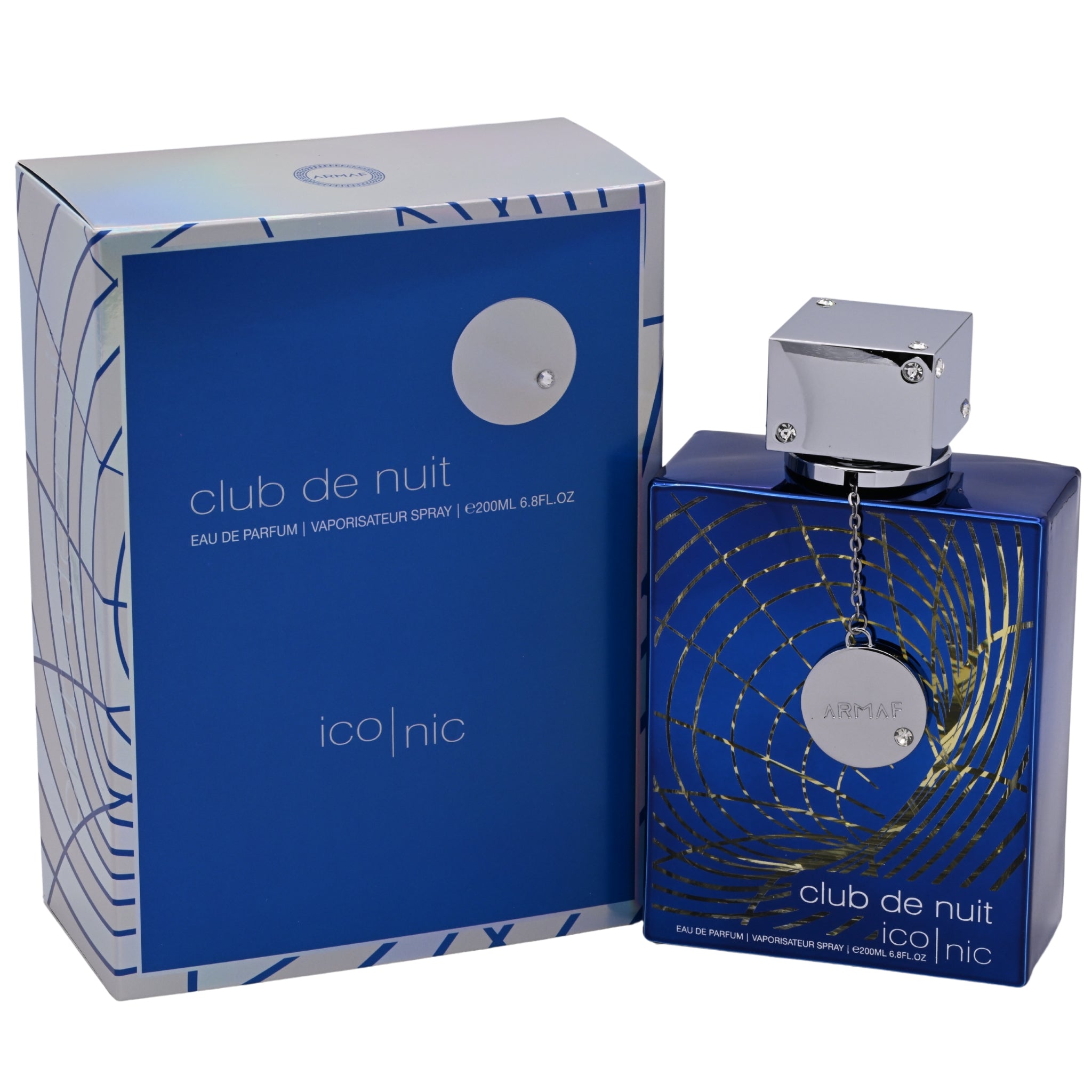Perfume bottle and packaging of 'club de nuit' by Iconic on a white background