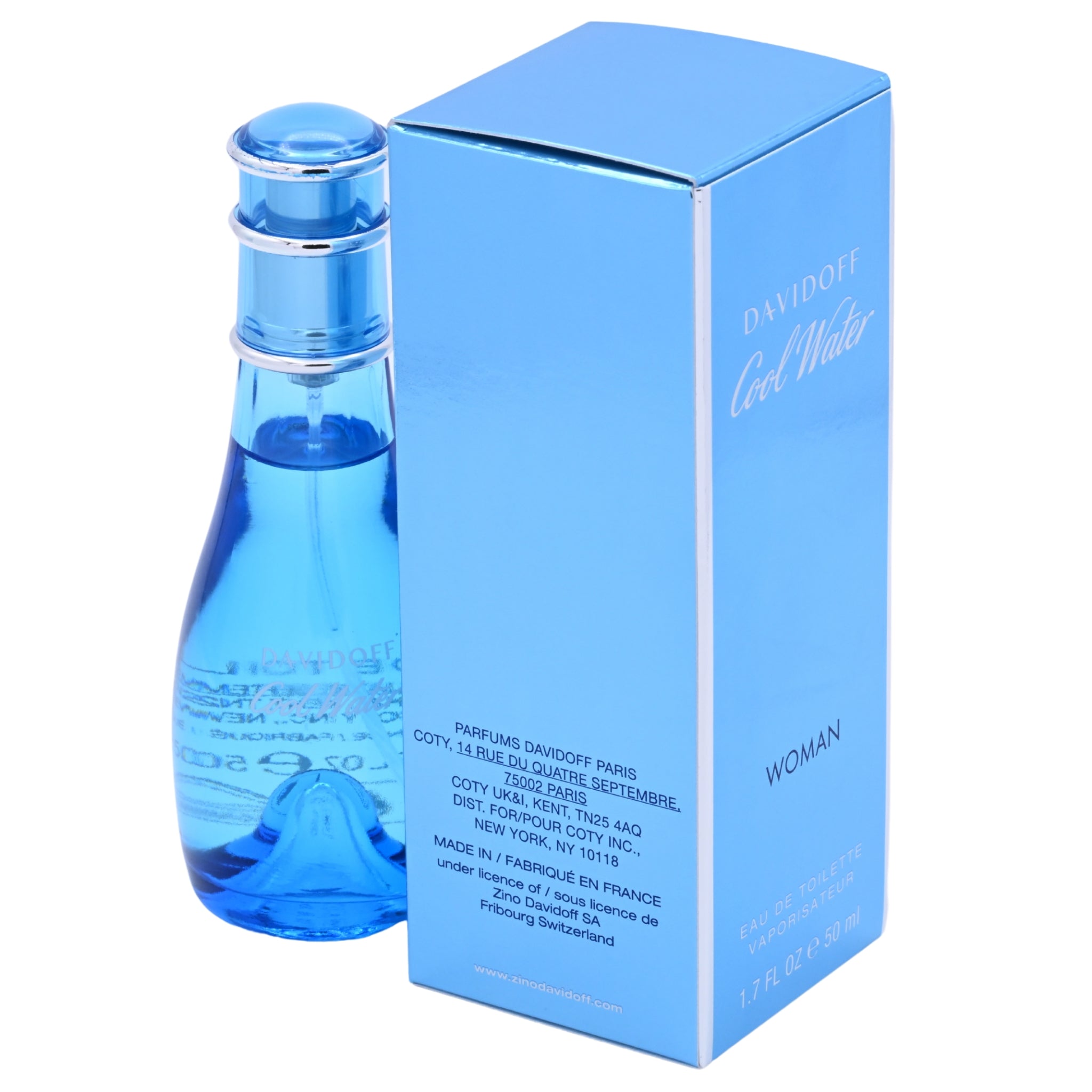 Blue perfume bottle and packaging with 'Davidoff Cool Water' branding on a white background