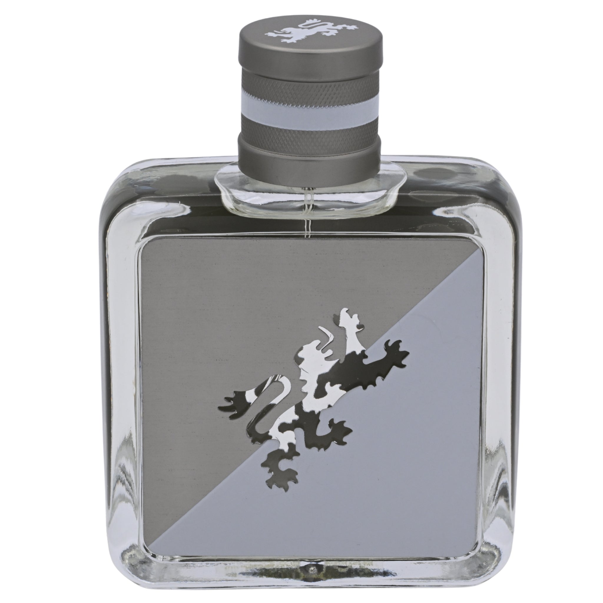 Perfume bottle with gray and black design on a white background