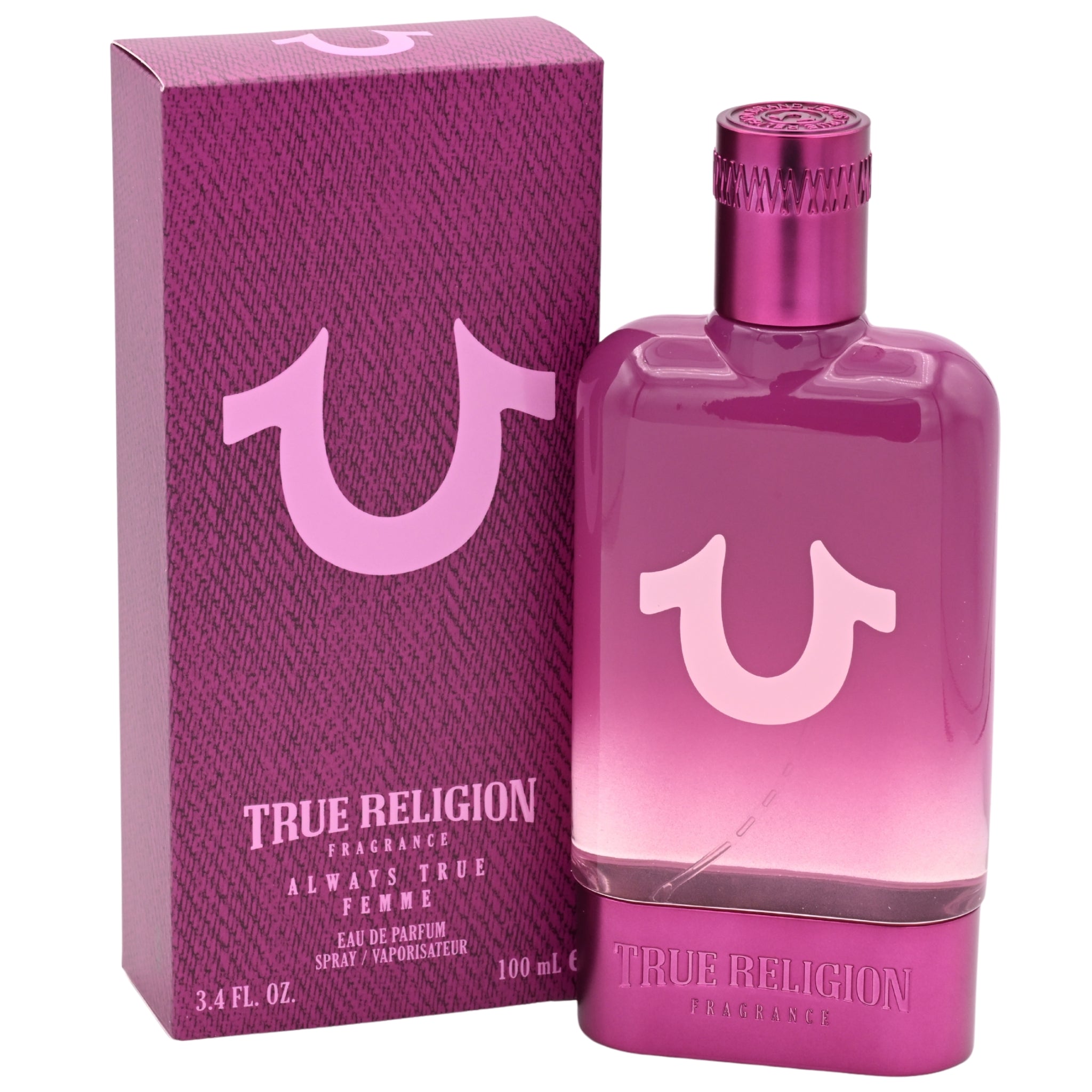 Pink perfume bottle with a visible brand logo with packaging on a white background