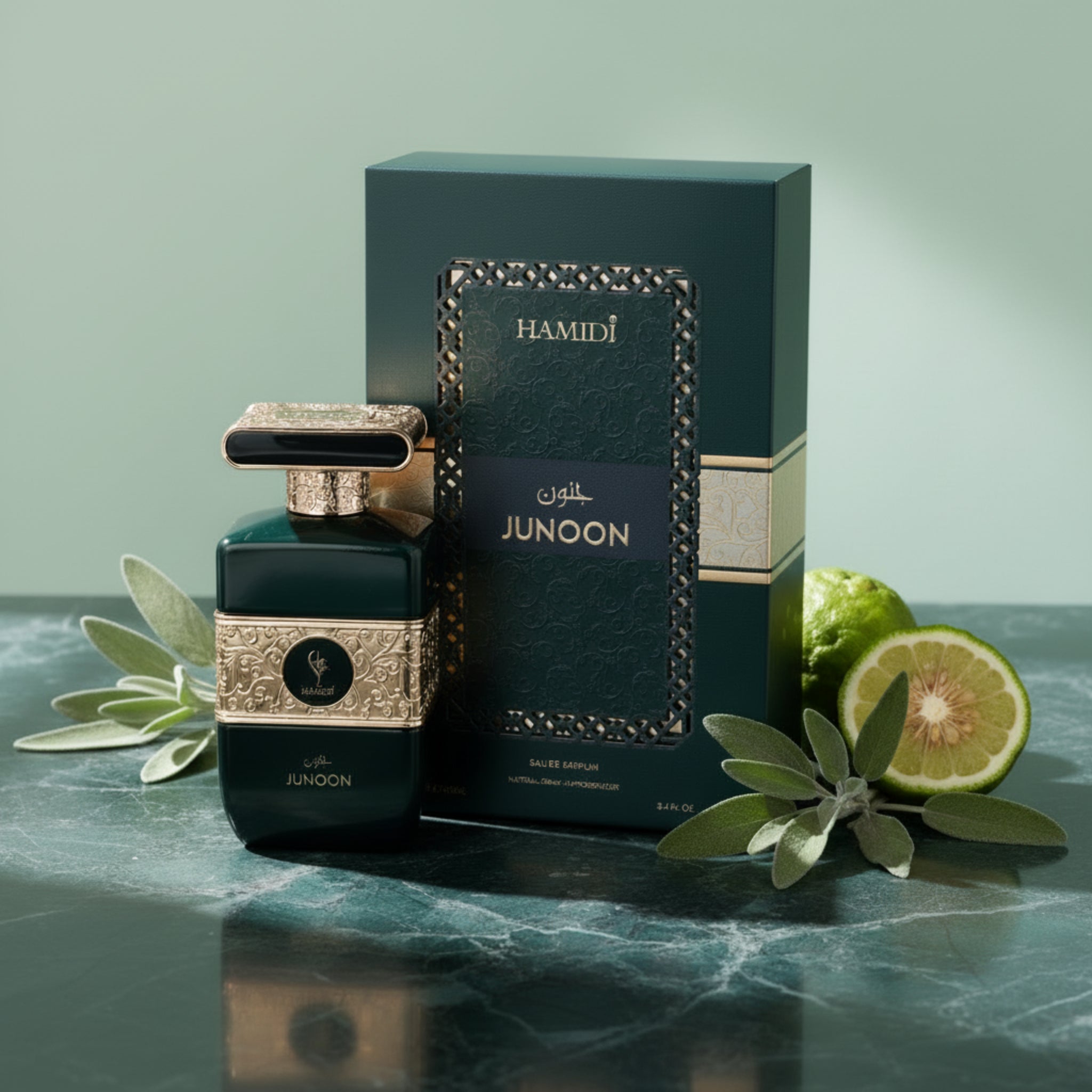 Hamidi Junoon perfume bottle and packaging on a white background