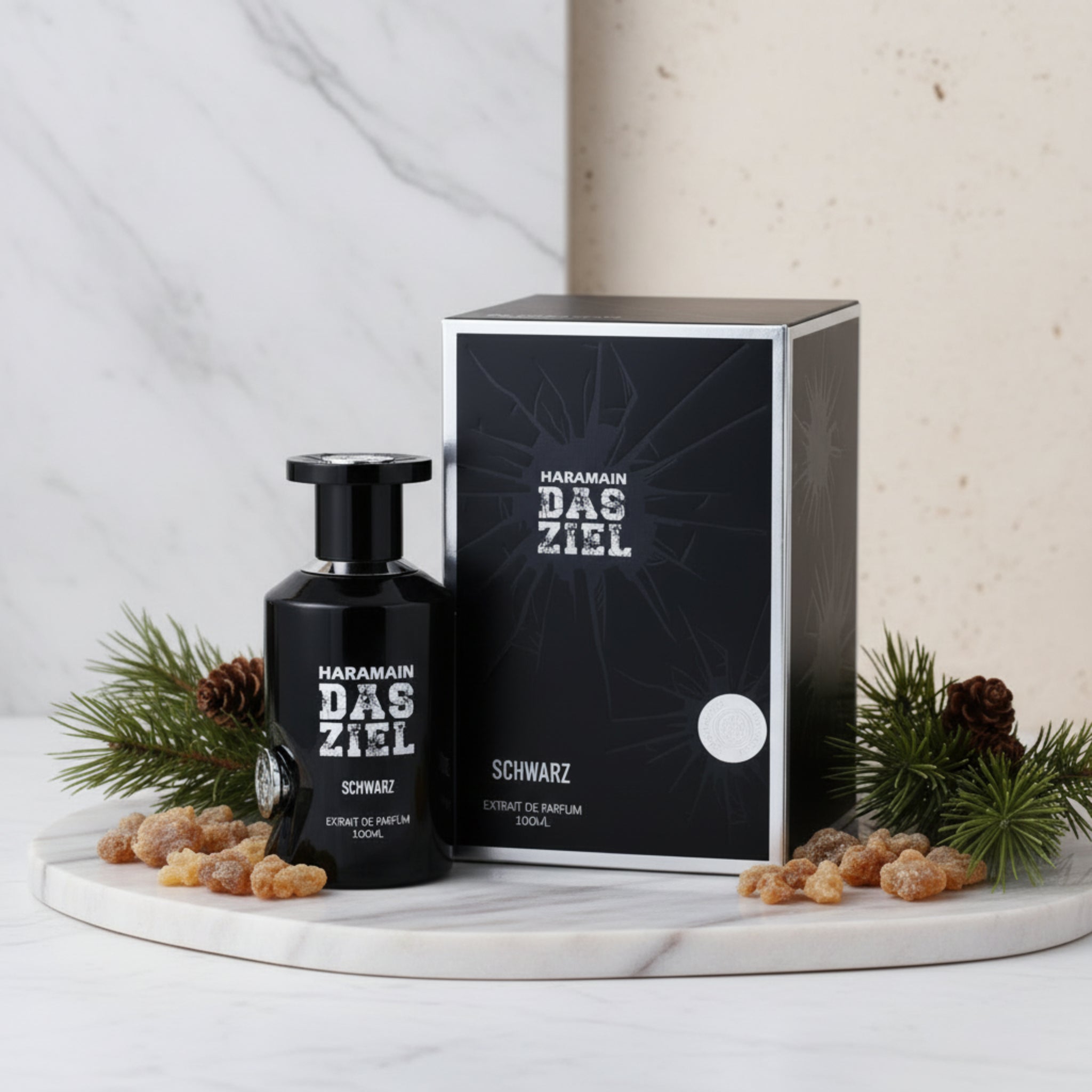 Haramain Das Ziel Schwarz perfume bottle and packaging on a white background