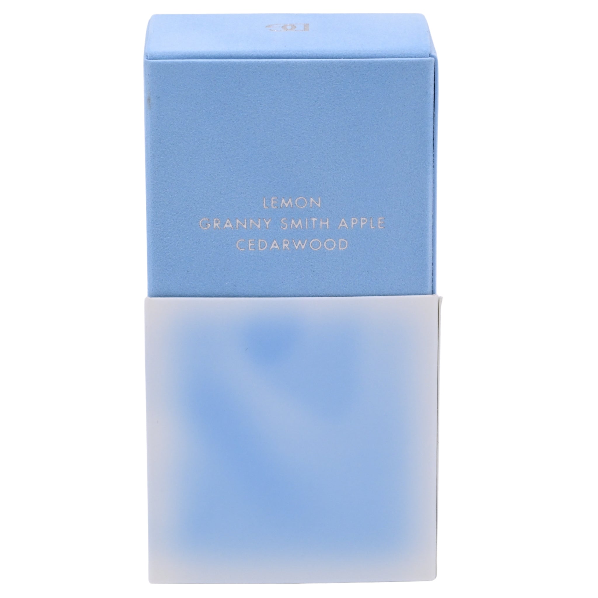 Blue and white product packaging with text on a white background