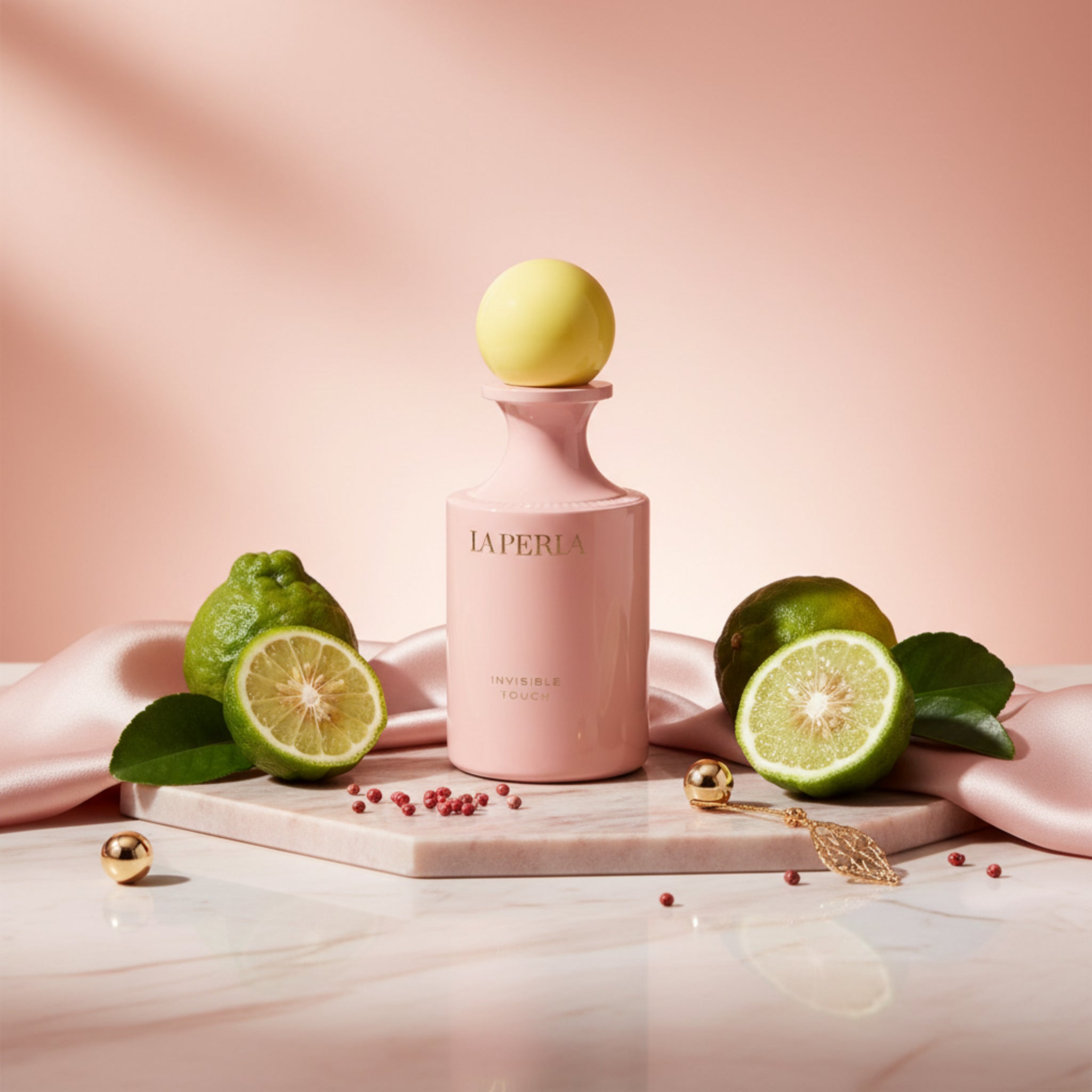 Pink bottle with yellow cap on a white background