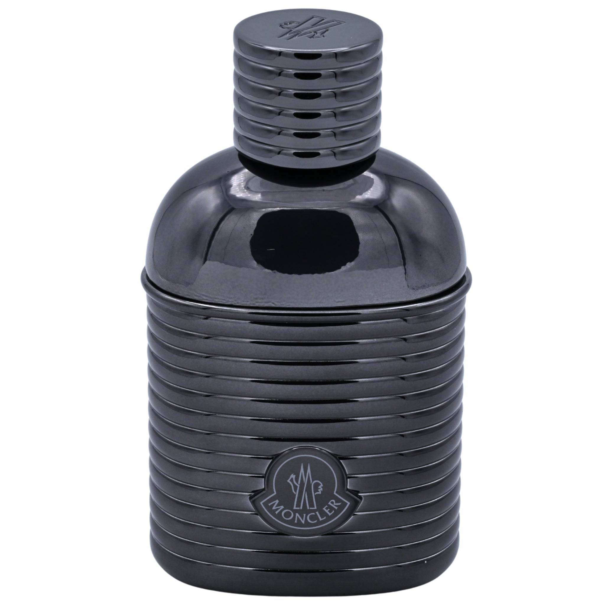 Black perfume bottle with a visible brand logo on a white background