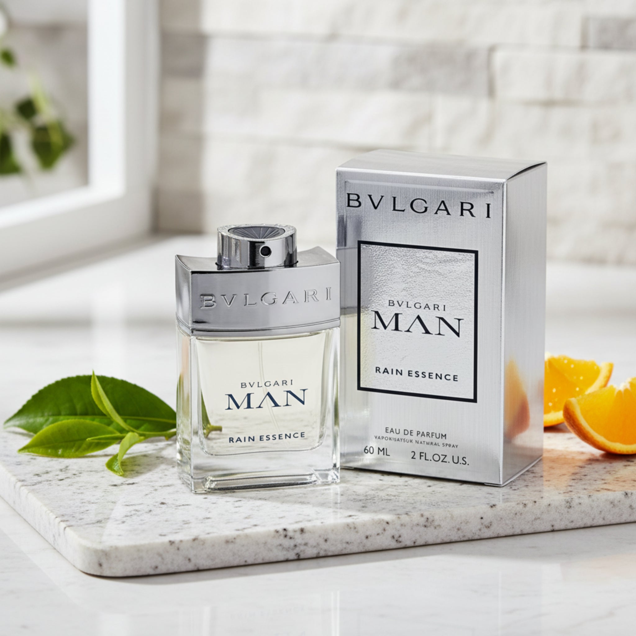 Bvlgari Man Rain Essence eau de parfum bottle and packaging on a white background