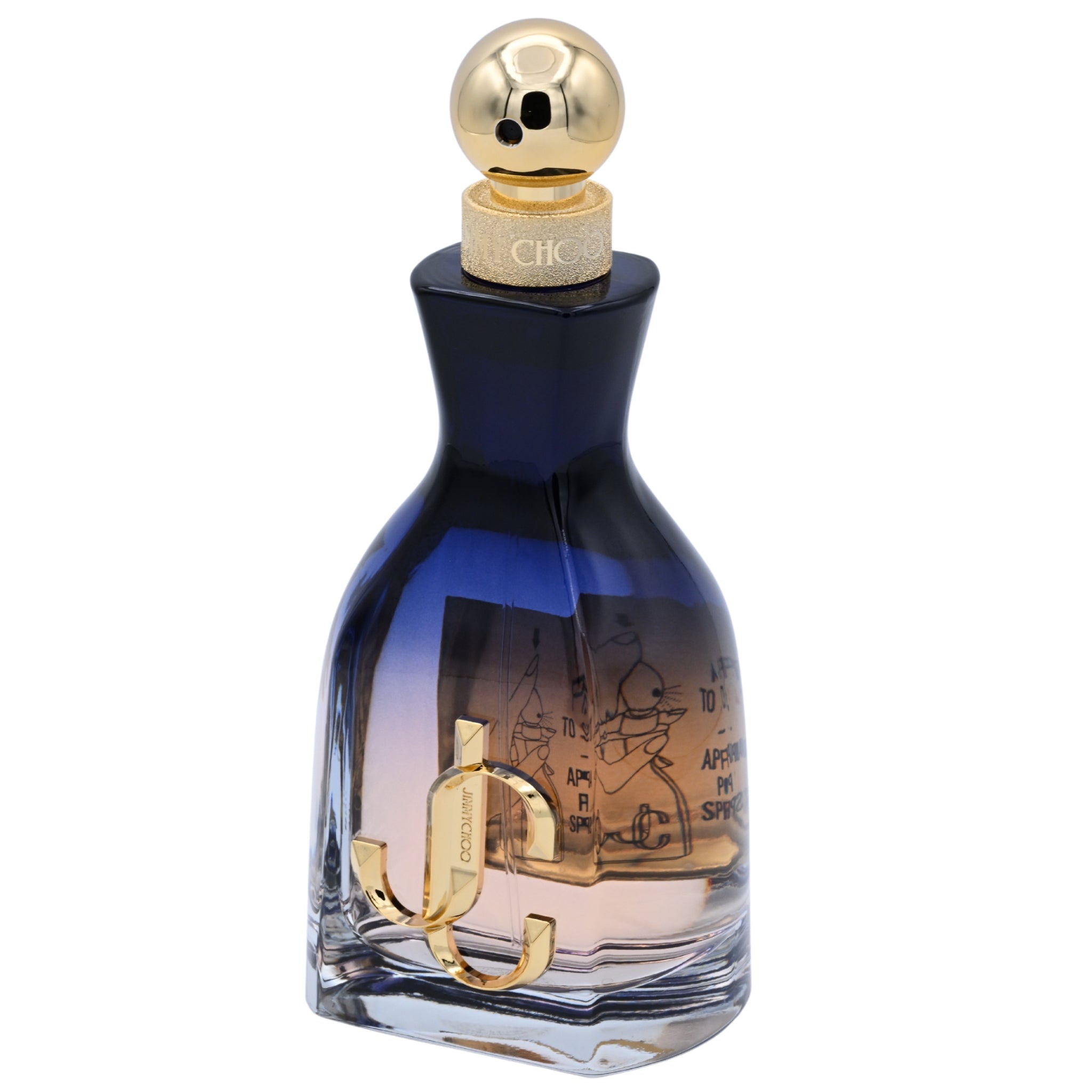 Perfume bottle with gold cap and design on a white background