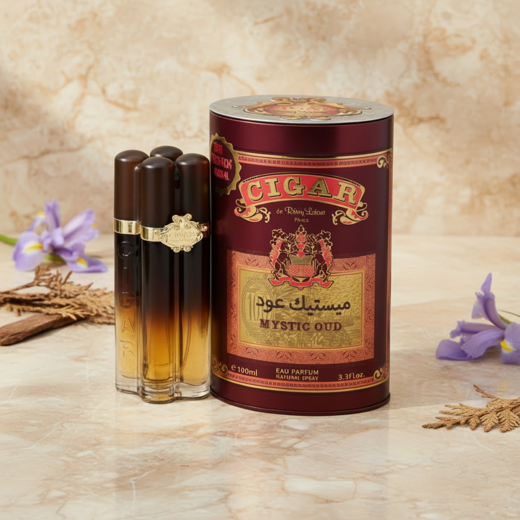 Cigar-shaped perfume bottles with a cylindrical container labeled 'Mystic Oud' on a white background.