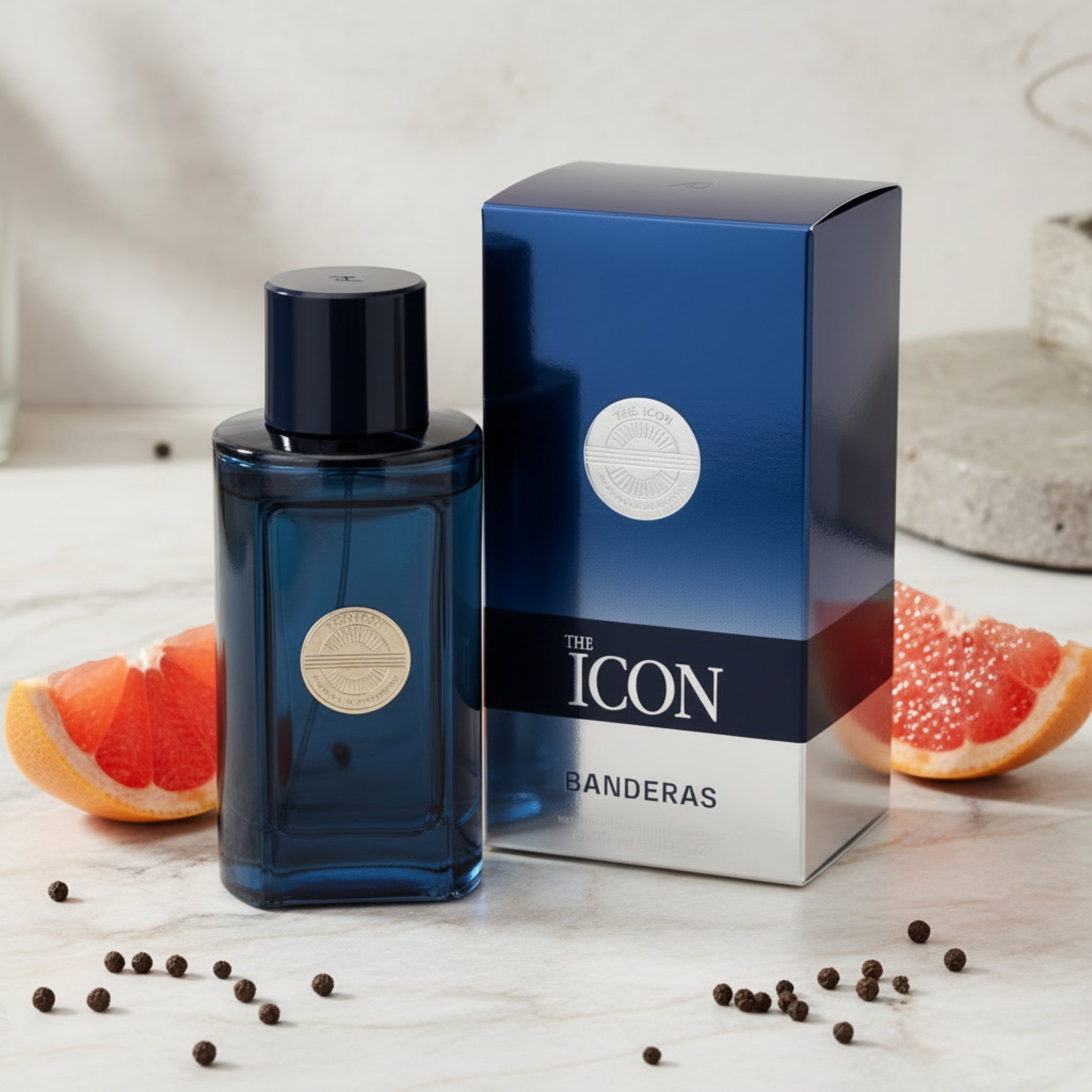 Banderas The Icon perfume bottle and packaging on a white background