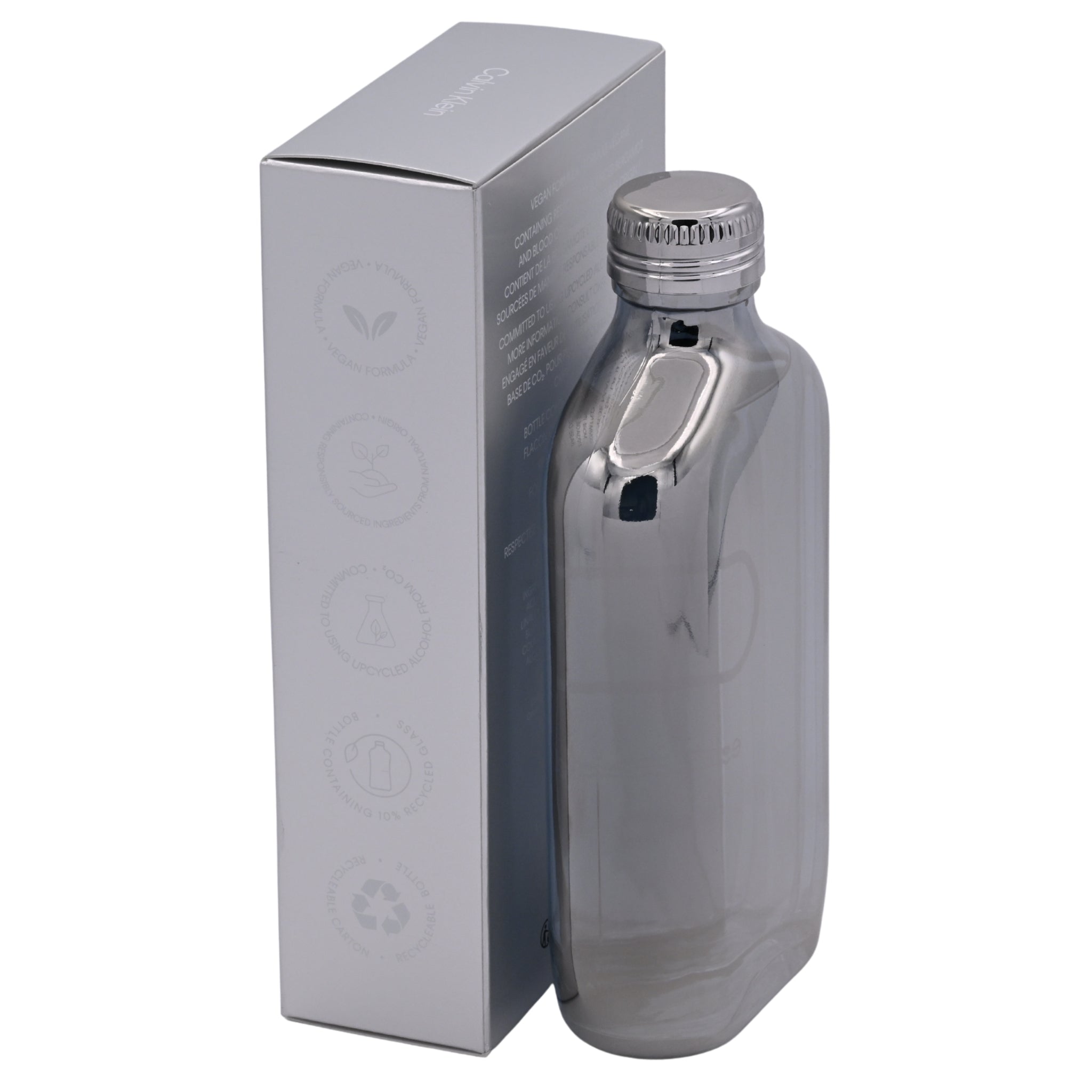 Silver water bottle with a matching box on a white background