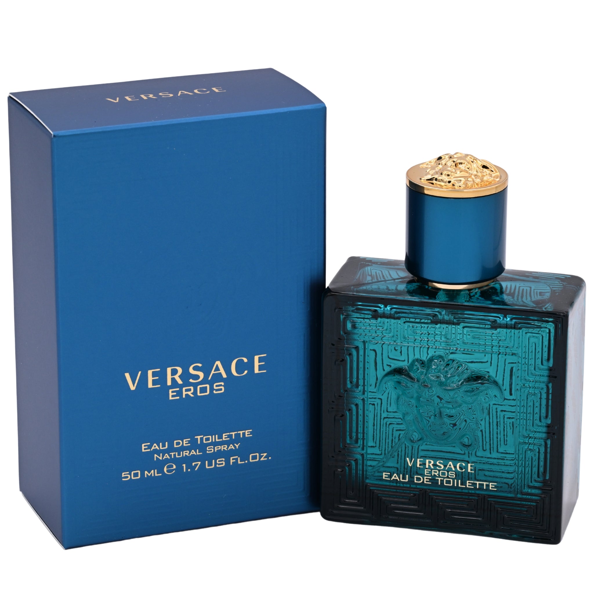 Versace Eros perfume bottle and packaging on a white background